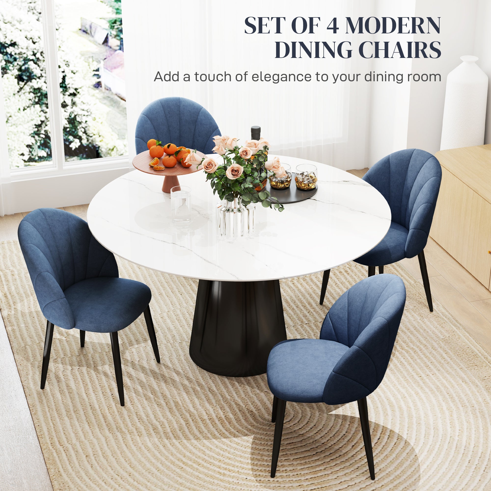 HOMCOM Modern Dining Chairs Set of 4, Upholstered Dining Room Chairs with Metal Legs, Shell Backrest, Padded Seat, Blue 
