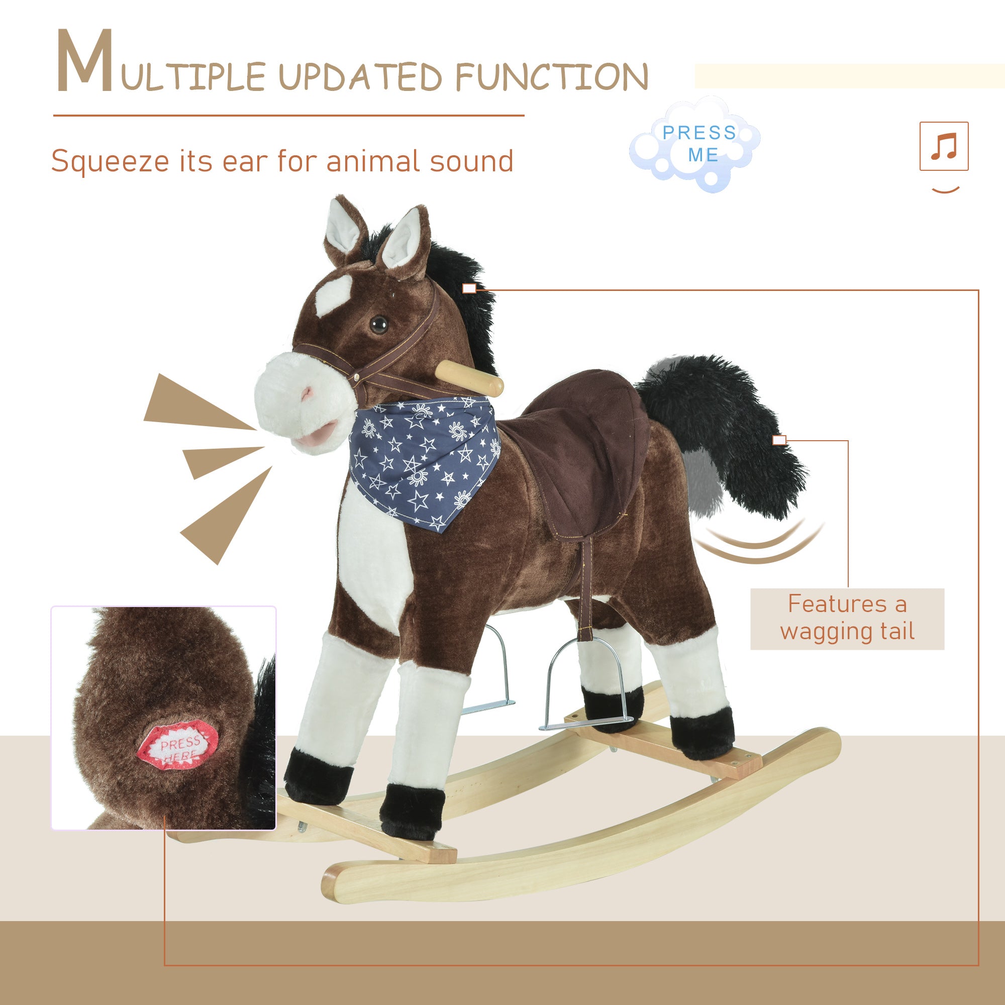Qaba Kids Plush Ride-On Rocking Horse Toy Cowboy Rocker with Fun Realistic Sounds for Child 3-6 Years Old, Brown 