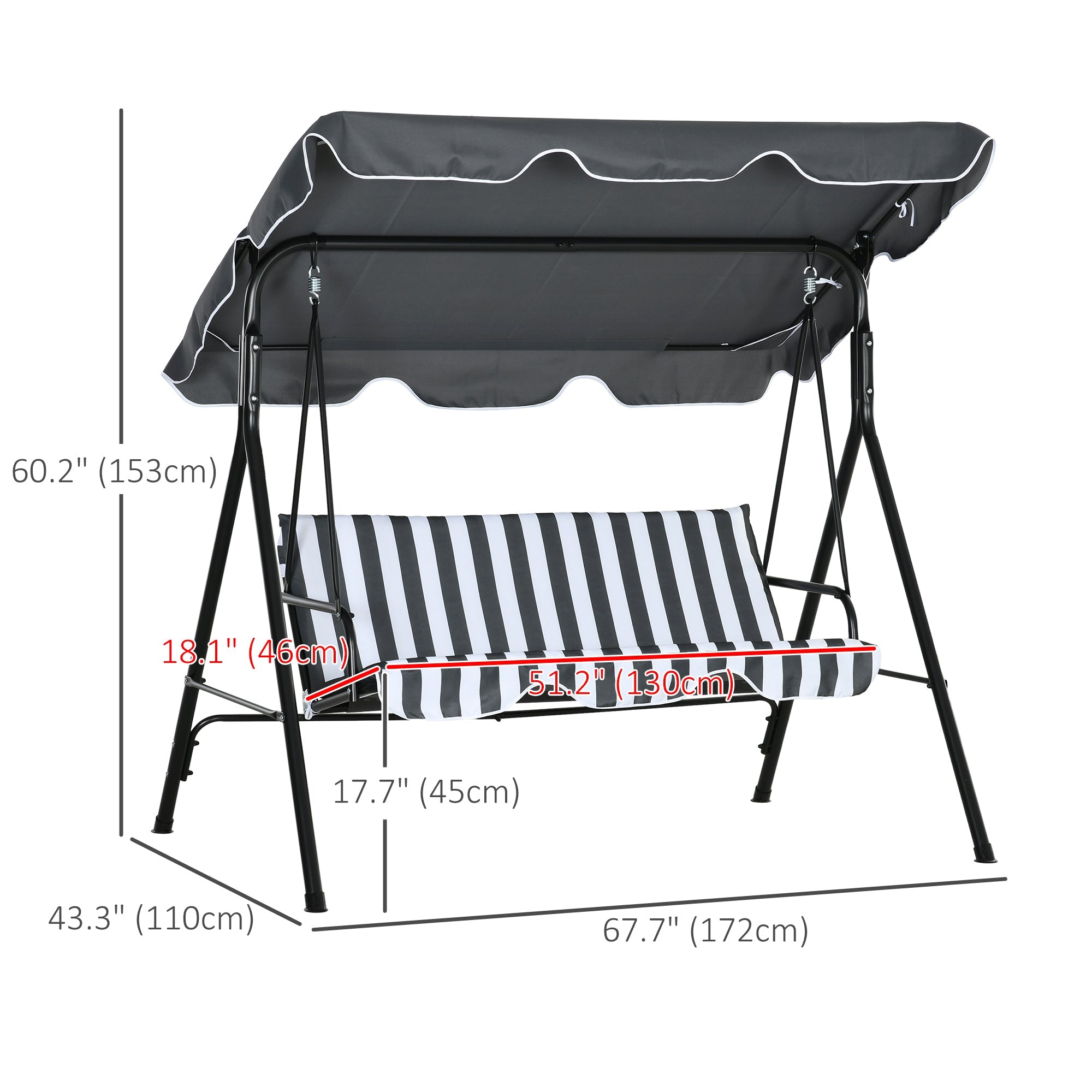 Outsunny 3-Seater Outdoor Porch Swing with Adjustable Canopy Shade: Patio Swing Chair for Garden Poolside Backyard Grey and White 