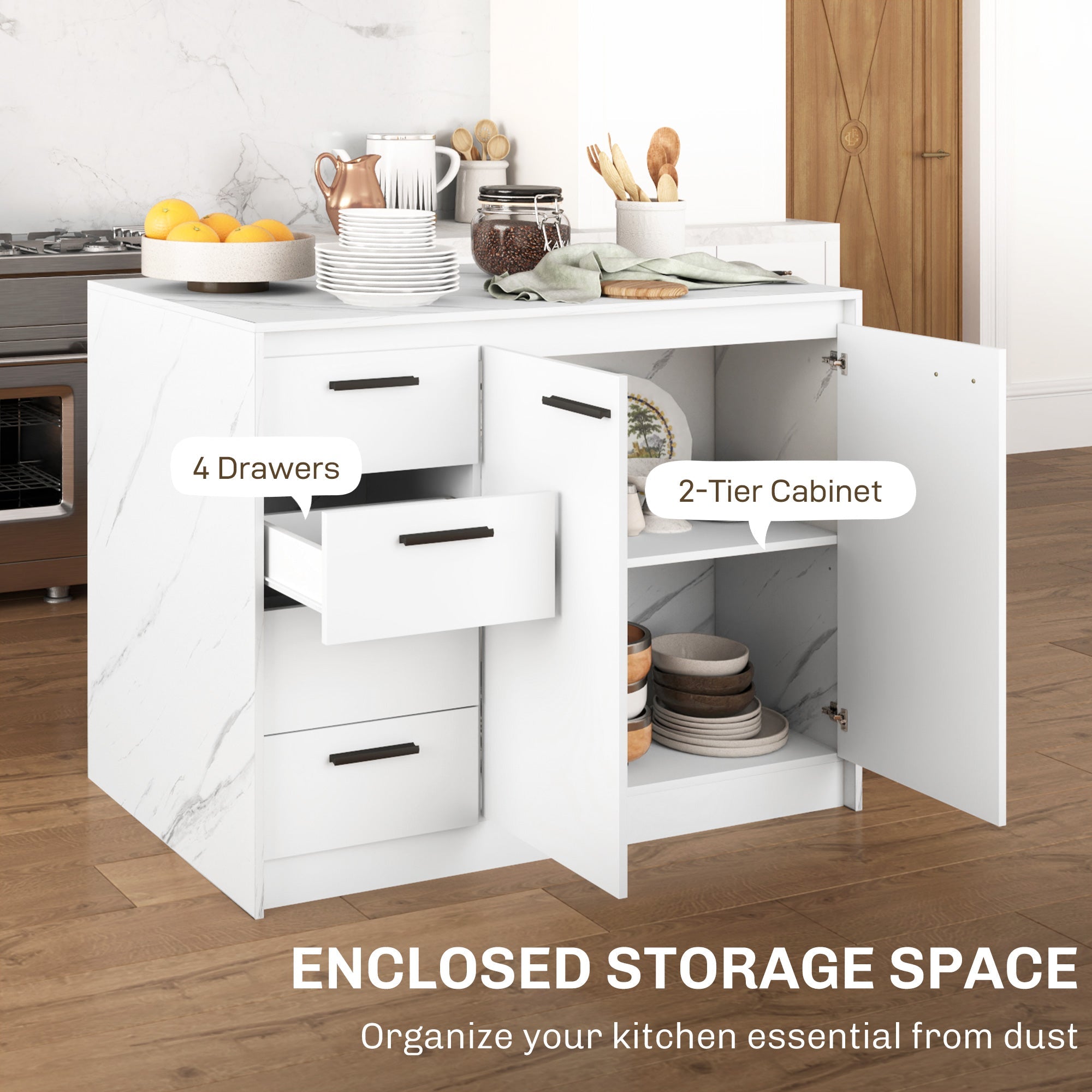 HOMCOM Kitchen Island with Storage Cabinet, 4 Drawers and Adjustable Shelf for Dining Room, Faux Marble Effect and White 
