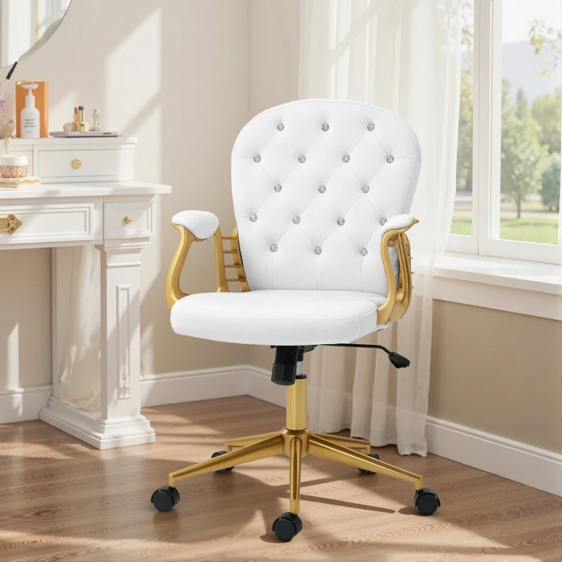 Velvet Office Desk Chair Button Tufted Vanity Chair with Swivel Wheels, Adjustable Height and Tilt Function, Cream White