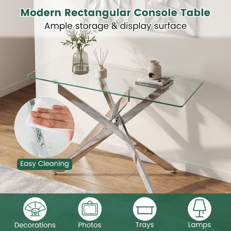 Glass Console Table Modern Entryway Table with Clear Tempered Glass Top-Silver
