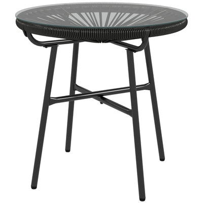 Outsunny Rattan Side Table, Round Outdoor Table, with Round PE Rattan and Tempered Glass Table Top for Patio, Garden, Black 