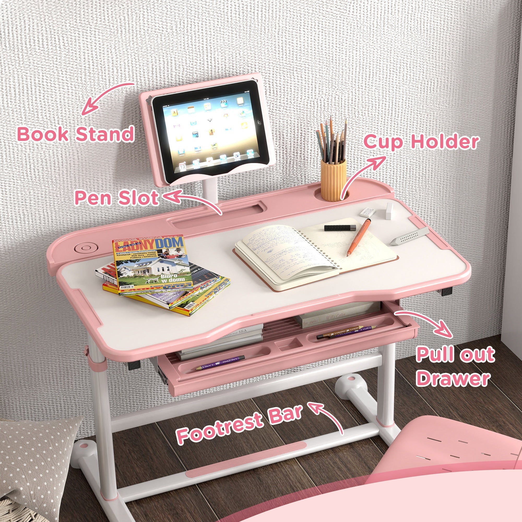 Qaba Height Adjustable Kids Desk and Chair Set with Tilt Desktop, Large Writing Board, Storage Drawer, Book Stand, Pink 