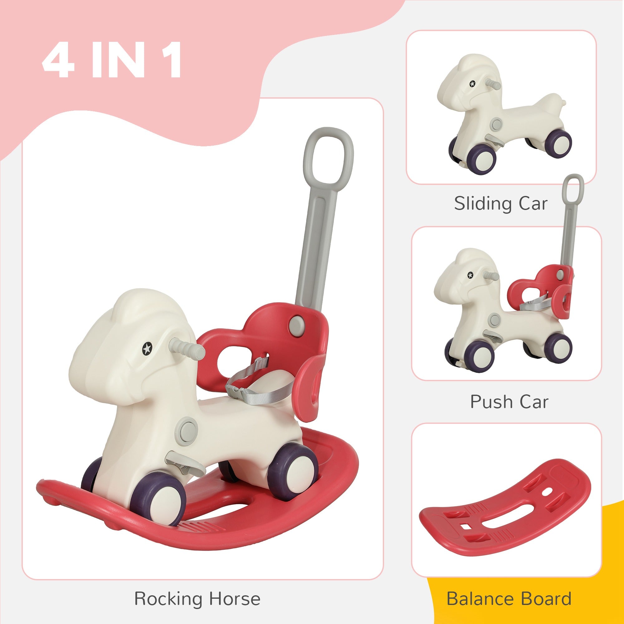 Qaba 4 in 1 Kids Rocking Horse w/ Detachable Balance Board & Push Handel, Red 