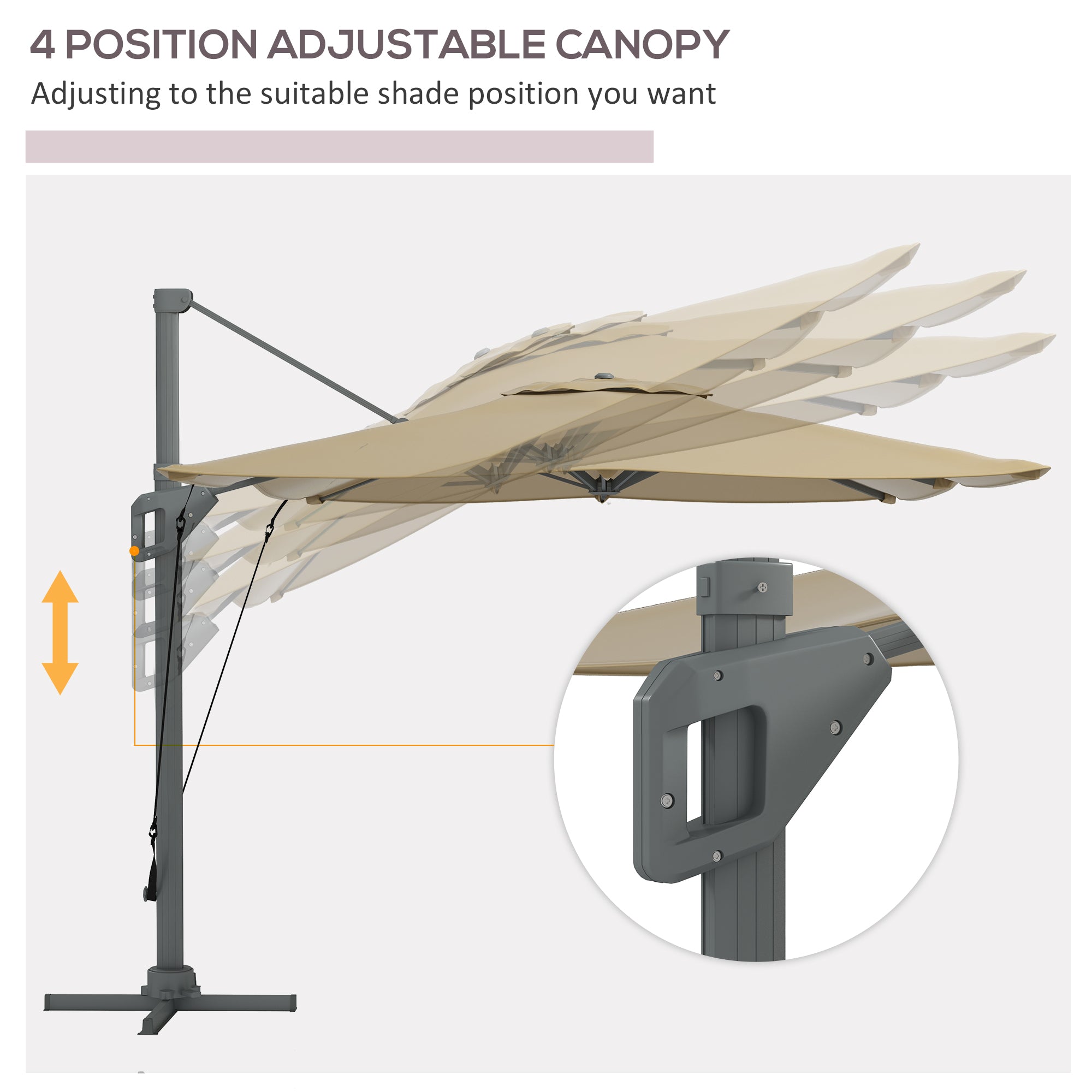 Outsunny 13 FT Cantilever Umbrella in Khaki - Aluminum, 360° Rotation, Crank, Tilt, with Cross Base 
