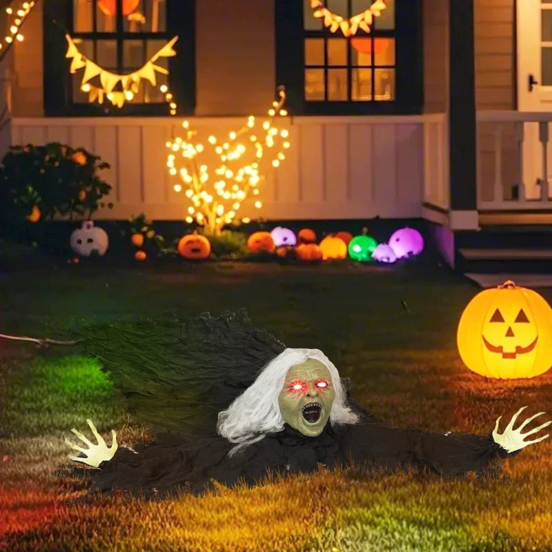 Outsunny 72" Life-Size Halloween Animated Crawling Zombie – LED Eyes, Battery Operated 