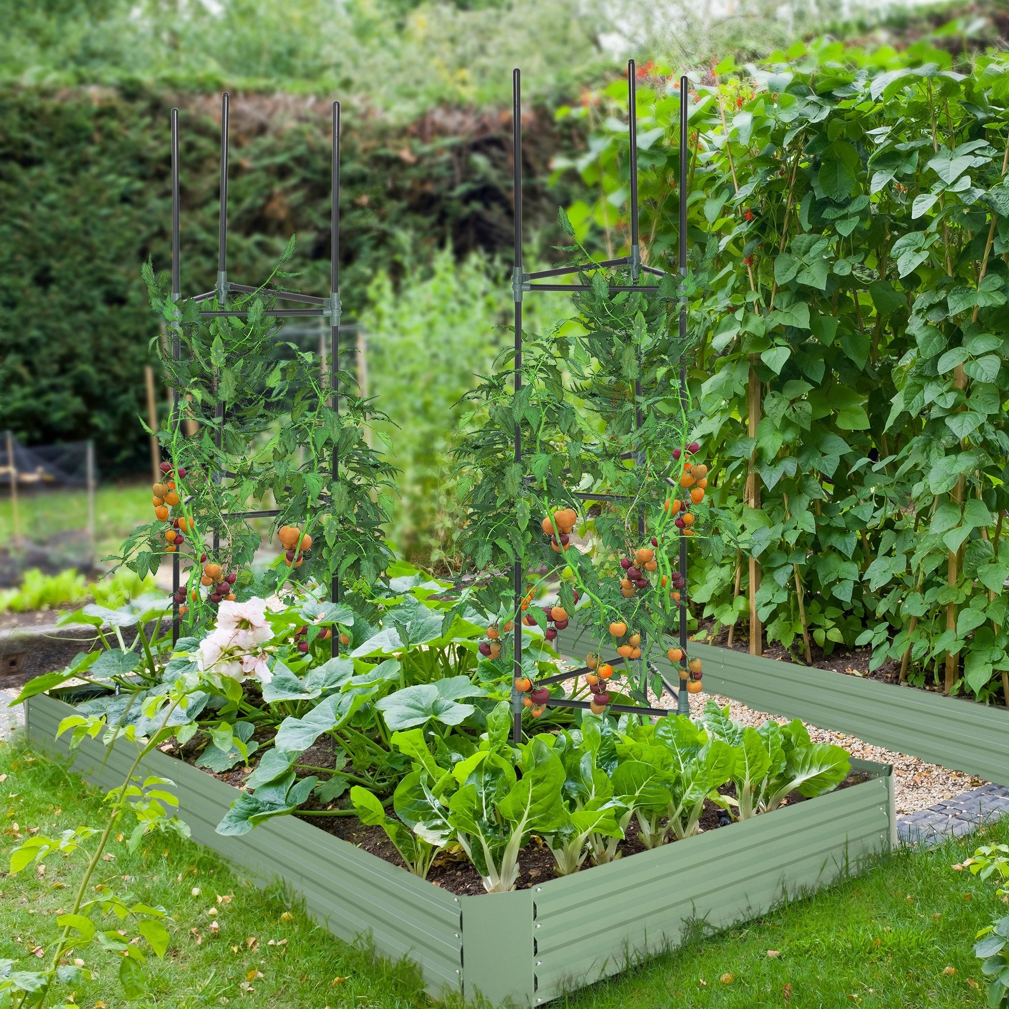 Outsunny 6' x 3' x 1' Raised Garden Bed with 2 Trellis Tomato Cages, Steel Frame Elevated Planter Box, Light Green 