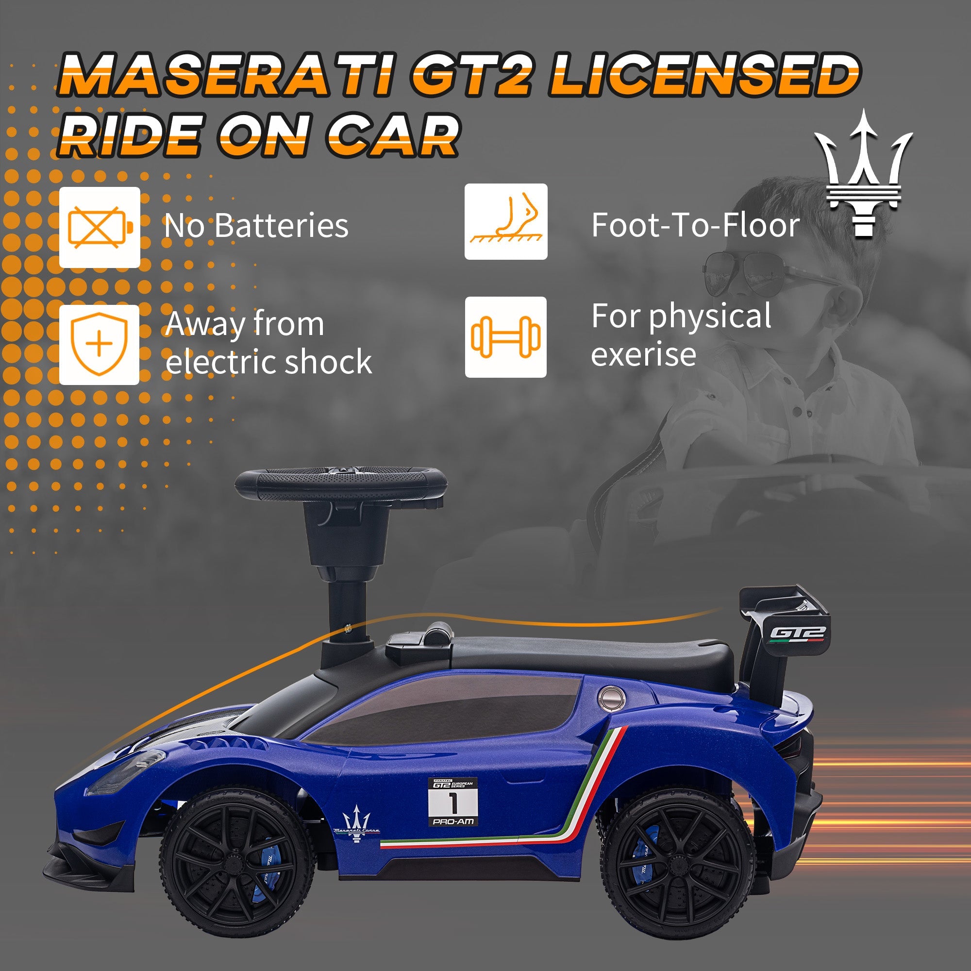 Qaba Licensed Maserati GT2 Baby Sliding Car with Storage, Music, Horn, Foot to Floor Toddler Car for 18-60 Months, Blue 