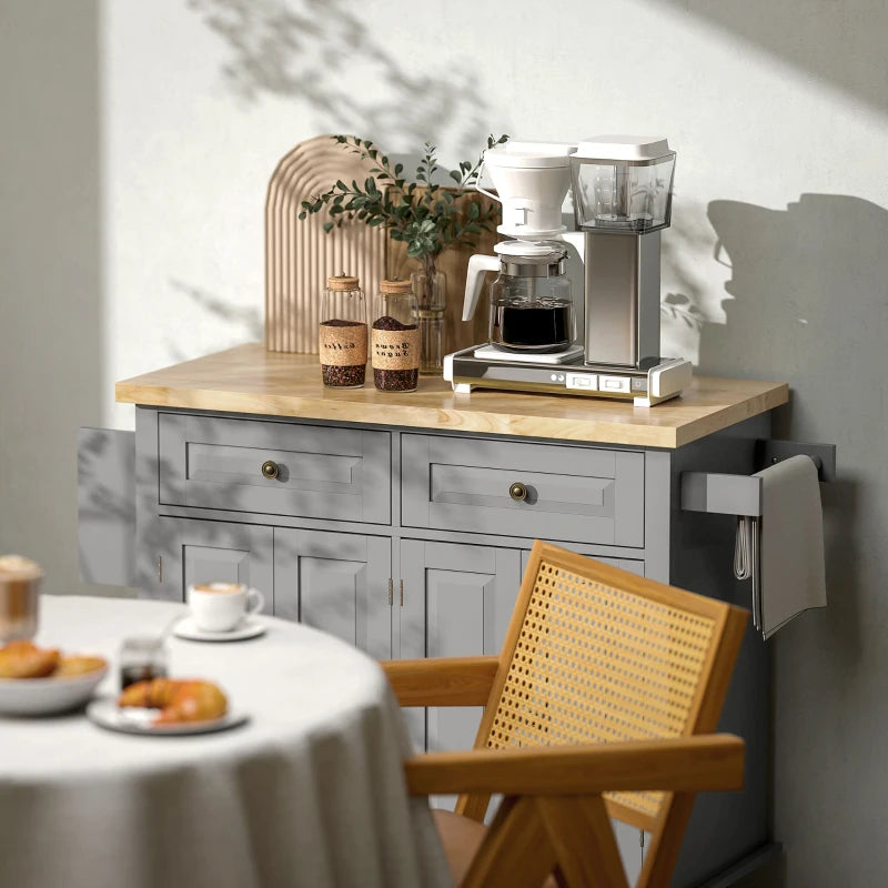 Kitchen Island with Storage, Rolling Trolley Cart with Rubber Wood Top, Spice Rack, Towel Rack, 2 Locking Brakes,Grey