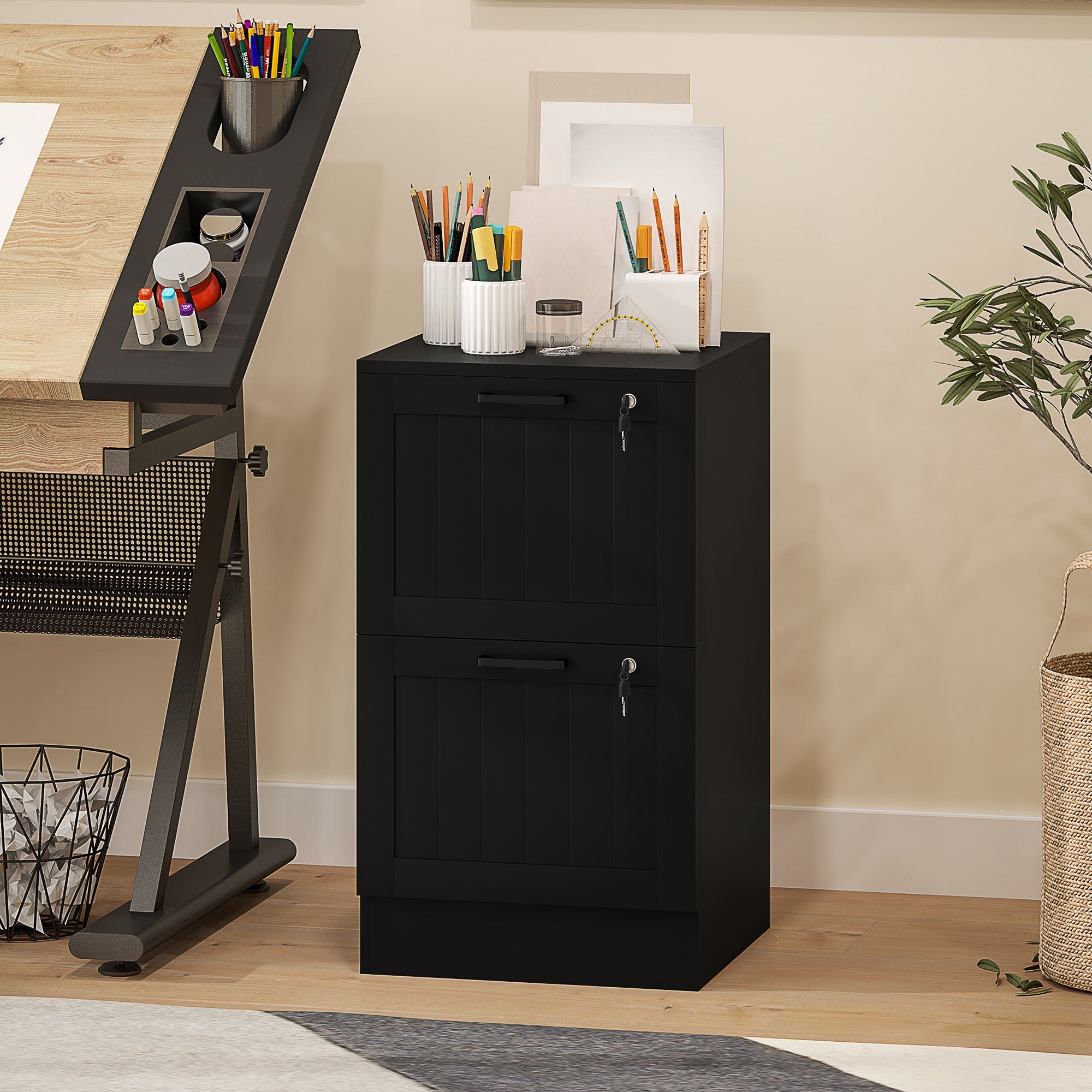 HOMCOM 2 Drawer Filing Cabinet with Lock, Office Storage Cabinet with Adjustable Hanging Bars for A4 Letter Size Files, Black 