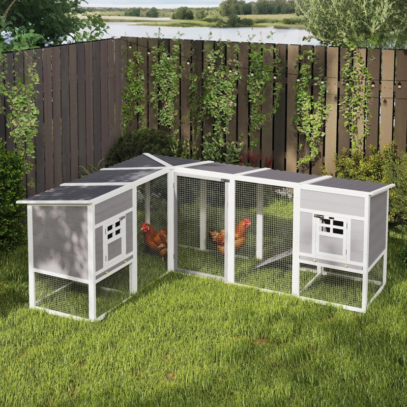 Chicken Coop with Run, L-Shaped Wooden Chicken House with 2 Houses, Outdoor Hen House with Waterproof Roof and Ramps
