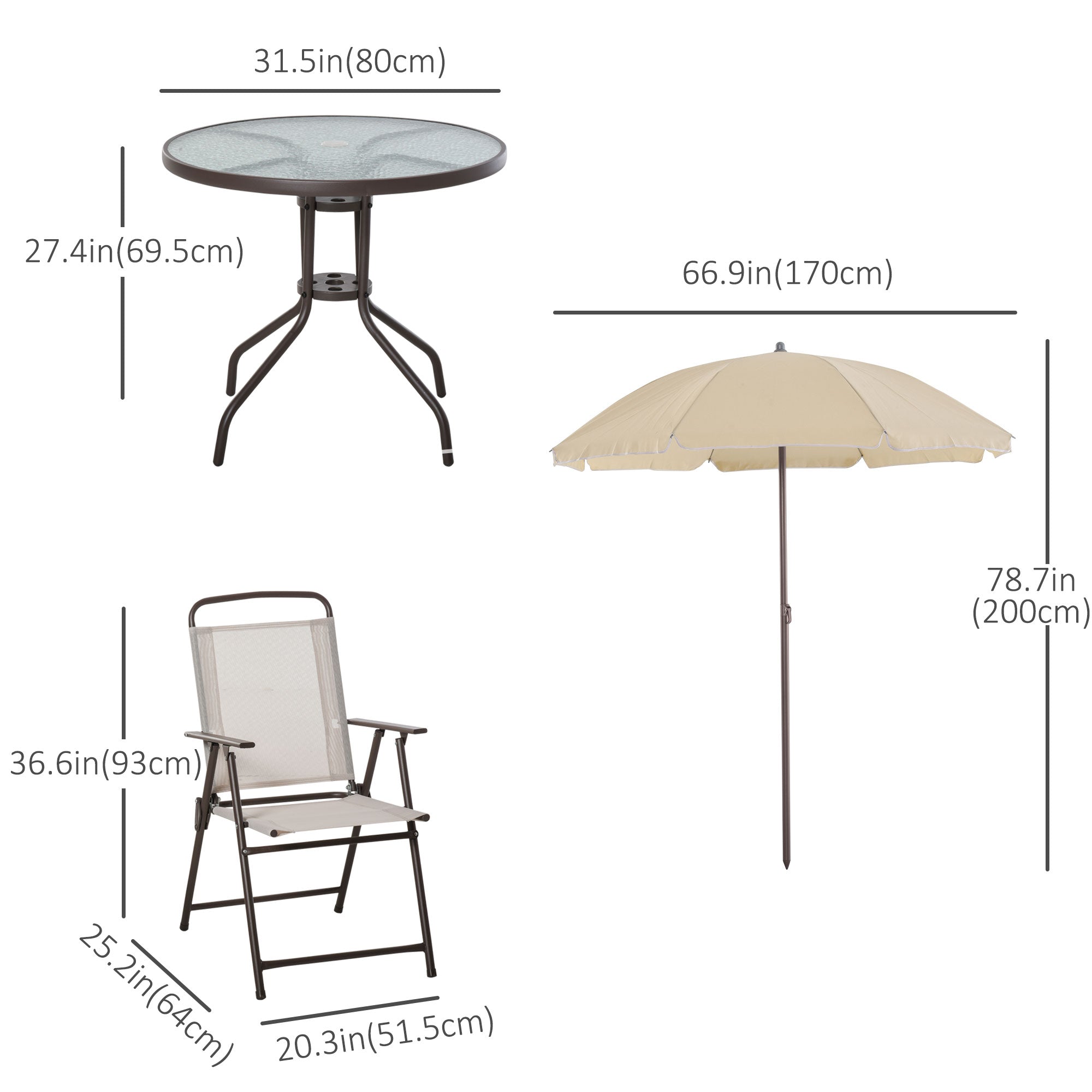 Outsunny 6PC Patio Dining Set Outdoor Furniture with Umbrella Round Table 4 Folding Chairs Cream-white 