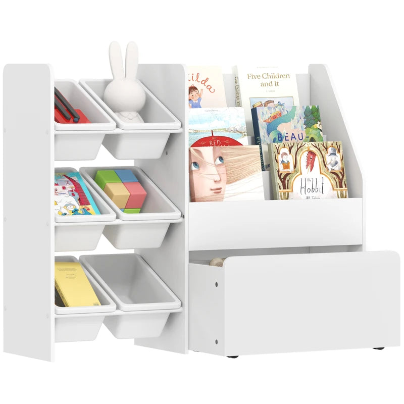 Qaba Kids Bookshelf and Toy Storage, 3-Tier Bookcase with 6 Removable Bins and Box for Toddler Nursery Playroom, White