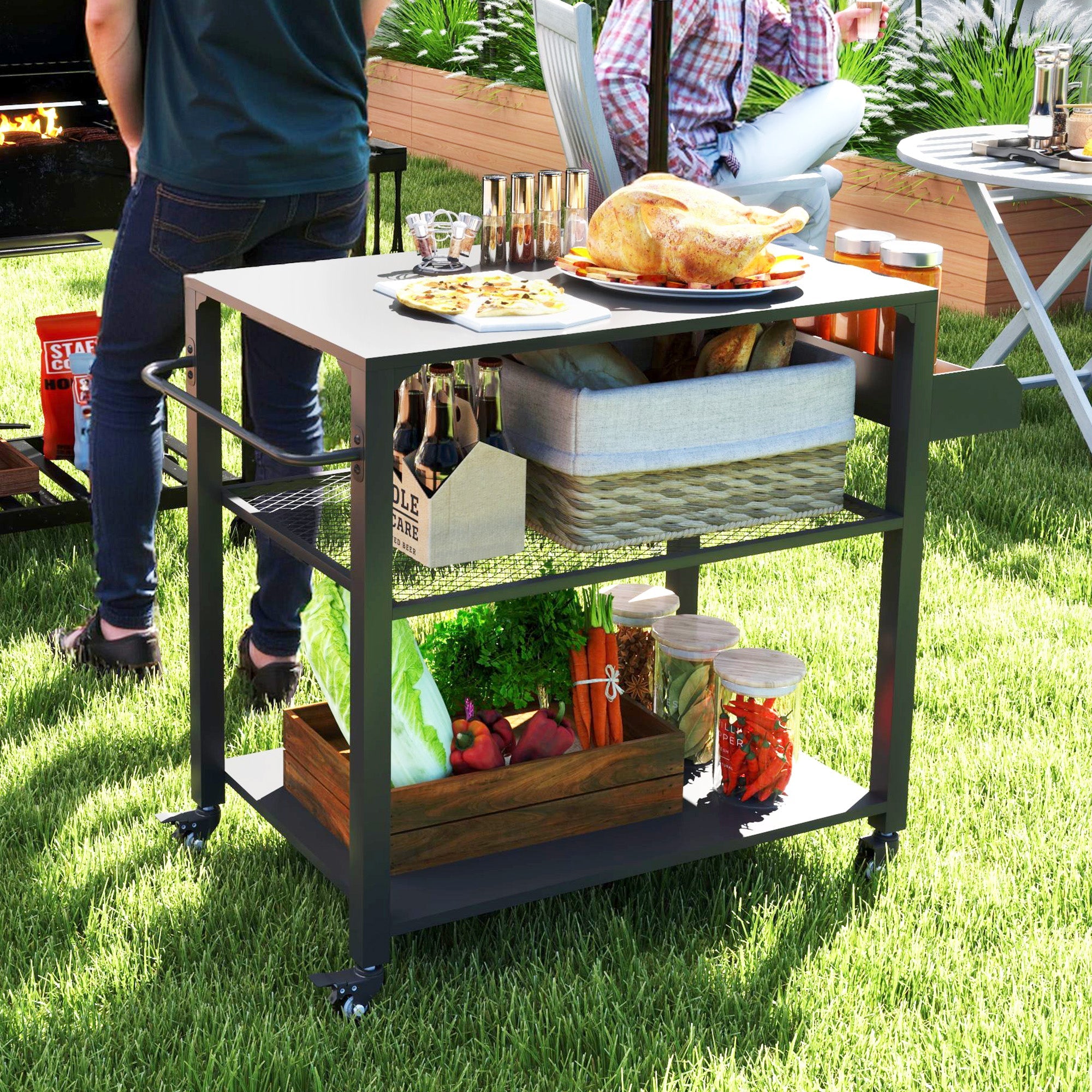 Outsunny 3-Tier Outdoor Grill Dining Cart with Storage Rack, Pizza Oven Stand with Side Handle, 4 Wheels for Backyard Party 