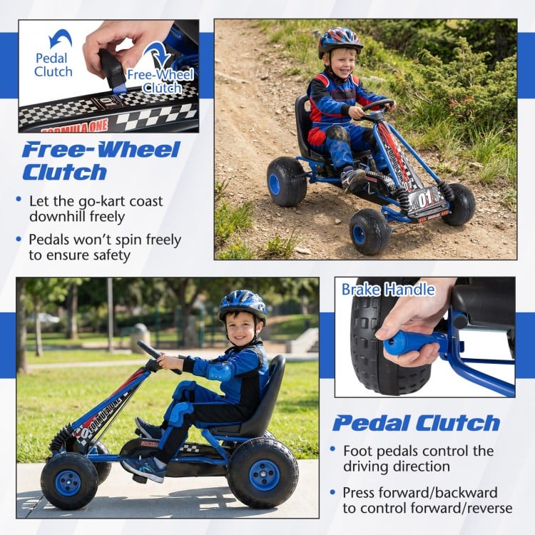 Go Kart for Kids 4 Wheels Pedal with Adjustable Seat and Multi-Terrain Wheels-Blue