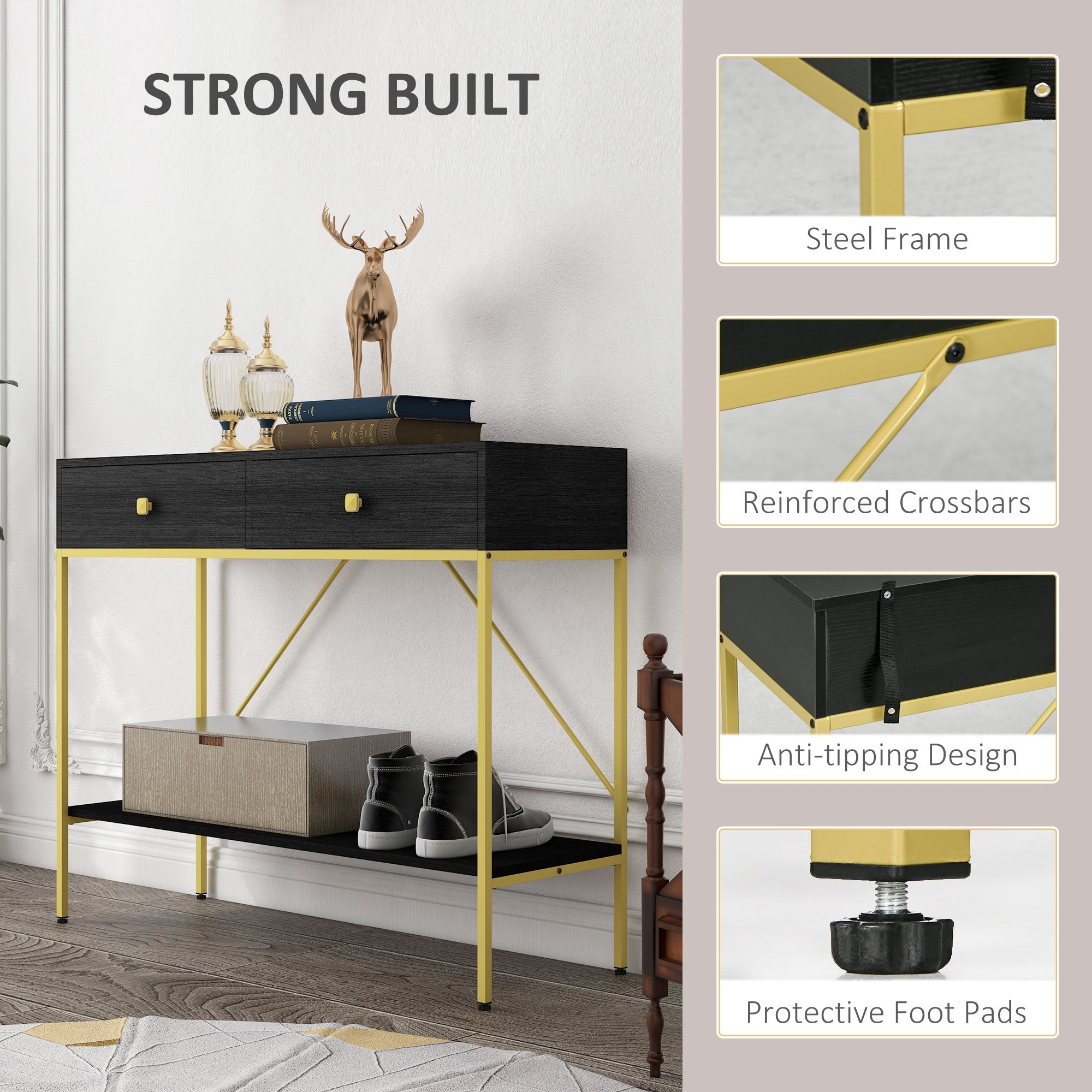 HOMCOM Hallway Console Table Entryway 2 Drawers Storage Shelf Living Room Bedroom Black 
