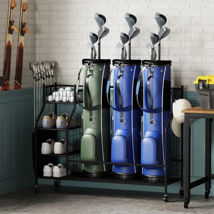 Golf Bag Organizer for 3 Golf Bags with Lockable Wheels, Storage Shelves, Club Holders & Accessory Hooks
