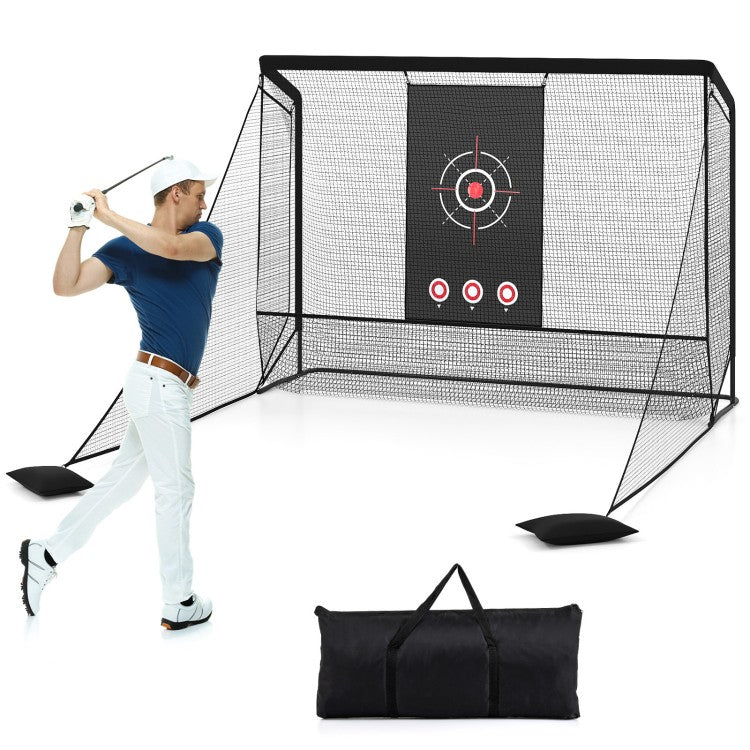 Golf Practice Hitting Net with Dual Side Barriers, Target Cloth & Metal Frame, Portable Golf Training Cage