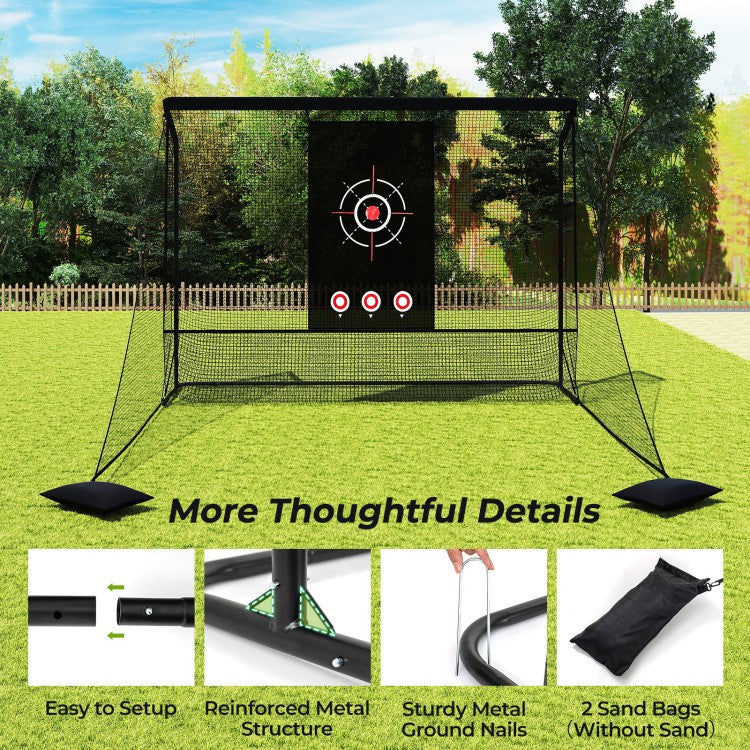 Golf Practice Hitting Net with Dual Side Barriers, Target Cloth & Metal Frame, Portable Golf Training Cage