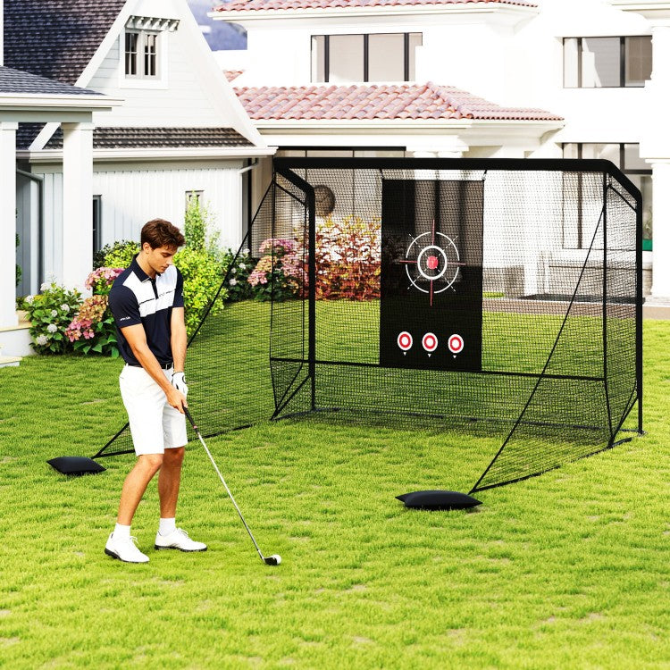Golf Practice Hitting Net with Dual Side Barriers, Target Cloth & Metal Frame, Portable Golf Training Cage