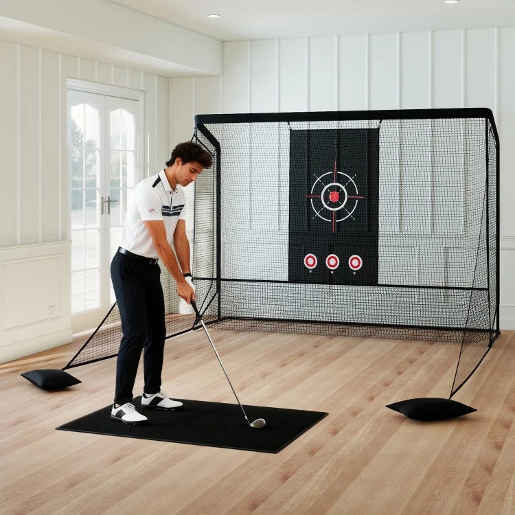 Golf Practice Hitting Net with Dual Side Barriers, Target Cloth & Metal Frame, Portable Golf Training Cage