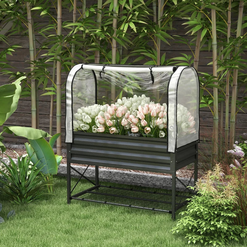 Raised Garden Bed with Cover, Metal Elevated Planter Box with Bottom Shelf and Liner, Black