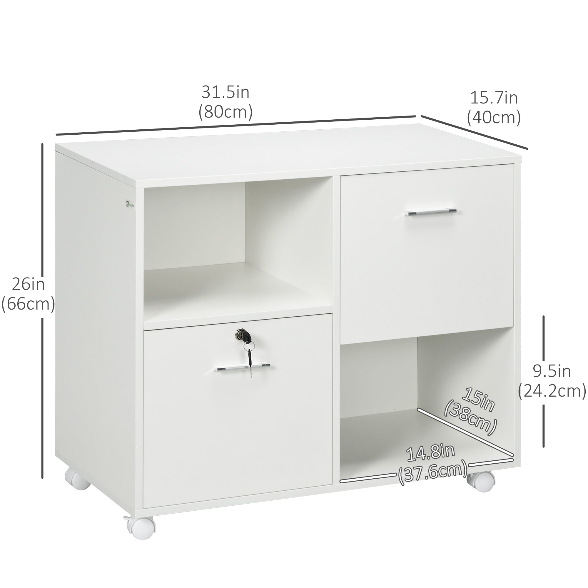 Vinsetto Lateral File Cabinet: Drawers, Lock, Open Shelves, Wheels for A4/Letter Size, White 
