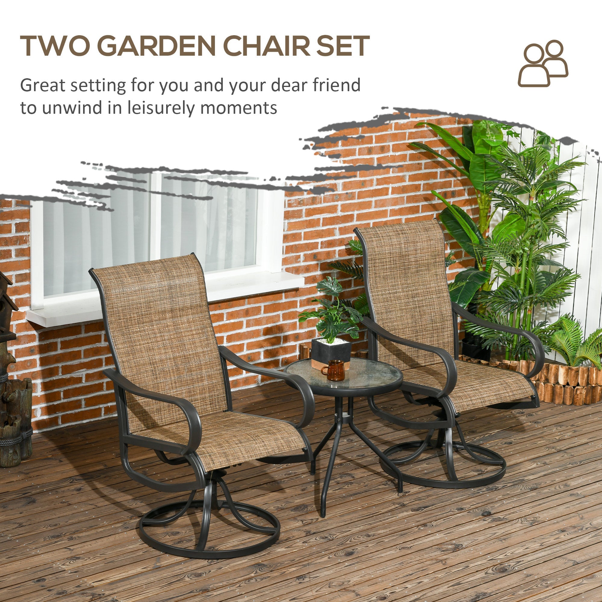 Outsunny 2-Piece Patio 360° Swivel Rocking Chairs with Curved Armrests, S Shape Backrest, Breathable Mesh Fabric Seat & Backrest, Brown 
