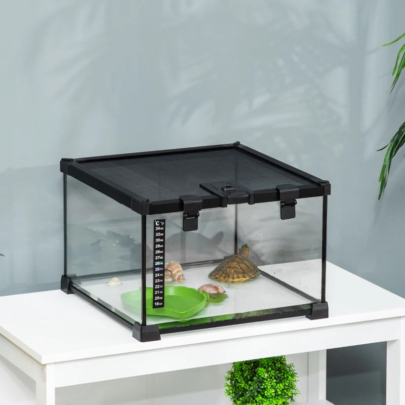 Glass Reptile Terrarium with Thermometer, Water Basin, Full View Visually for Lizards, Horned Frogs, Snakes, Spiders