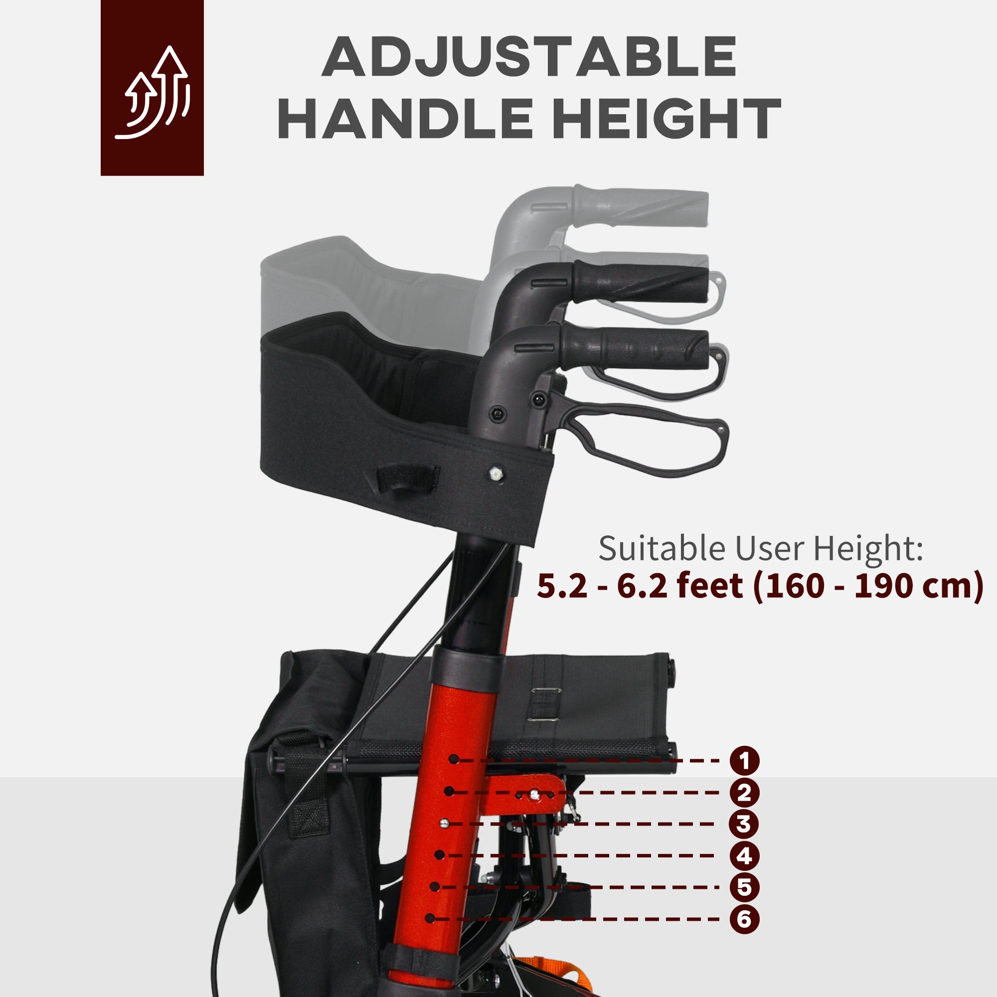 HOMCOM Rollator Walker for Seniors Adjustable Seat & Handle Folding Aluminum Frame Rubber Wheels Storage Bag Vibrant Red 