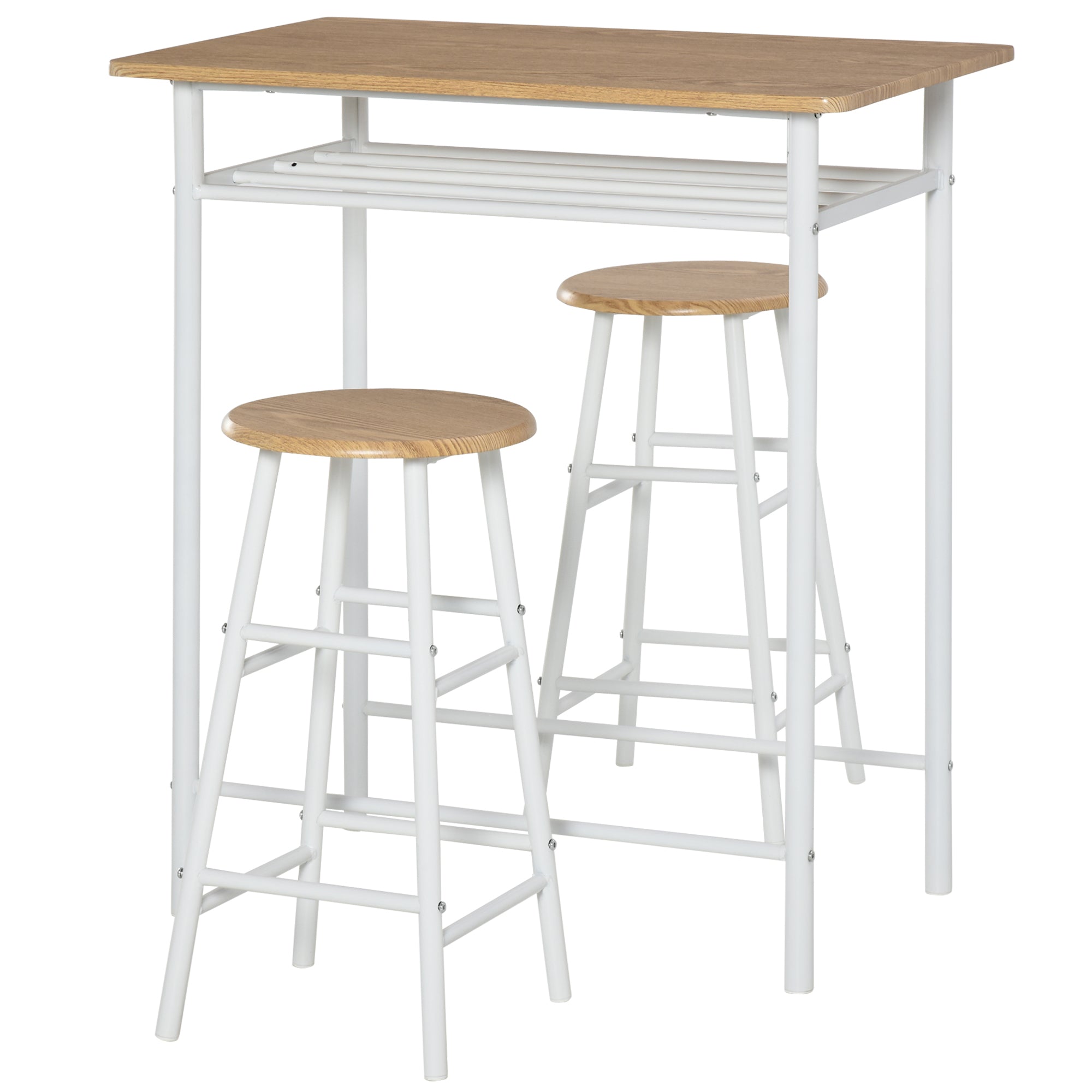 HOMCOM Counter Height Dining Set 3 Piece White Oak with Storage Shelf Metal Frame Footrest 1 Table 2 Stools for Kitchen 