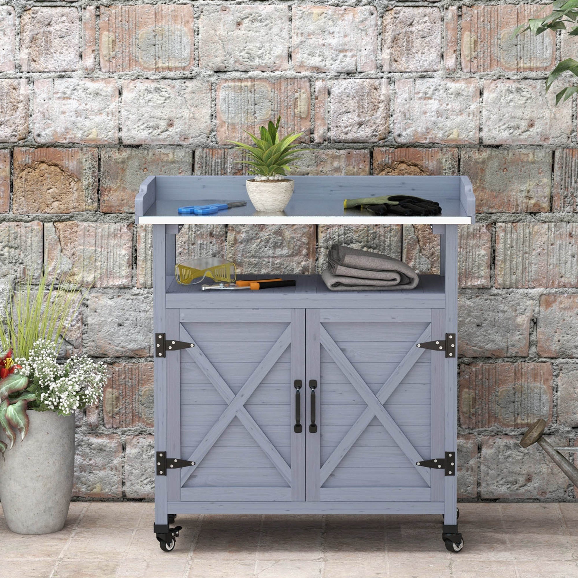 Outsunny Outdoor Wooden Potting Bench with Storage Cabinet, Aluminum Tabletop, Rubber Wheels for Backyard, Patio, Balcony, Grey 