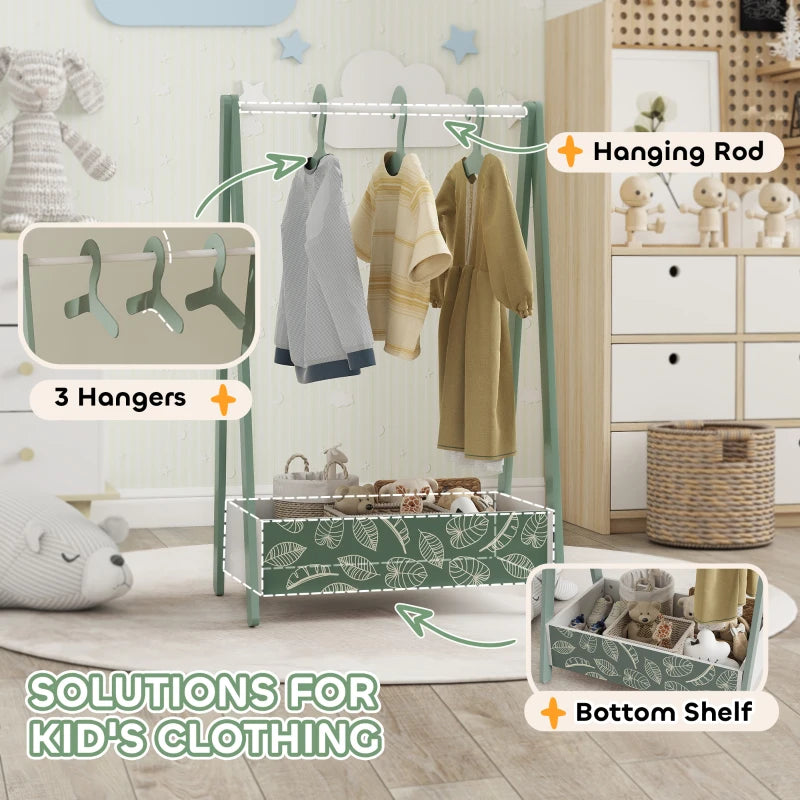 Qaba Kids Clothing Rack with Storage Shelf, Hangers, for Nursery Room, Living Room, Playroom, Green