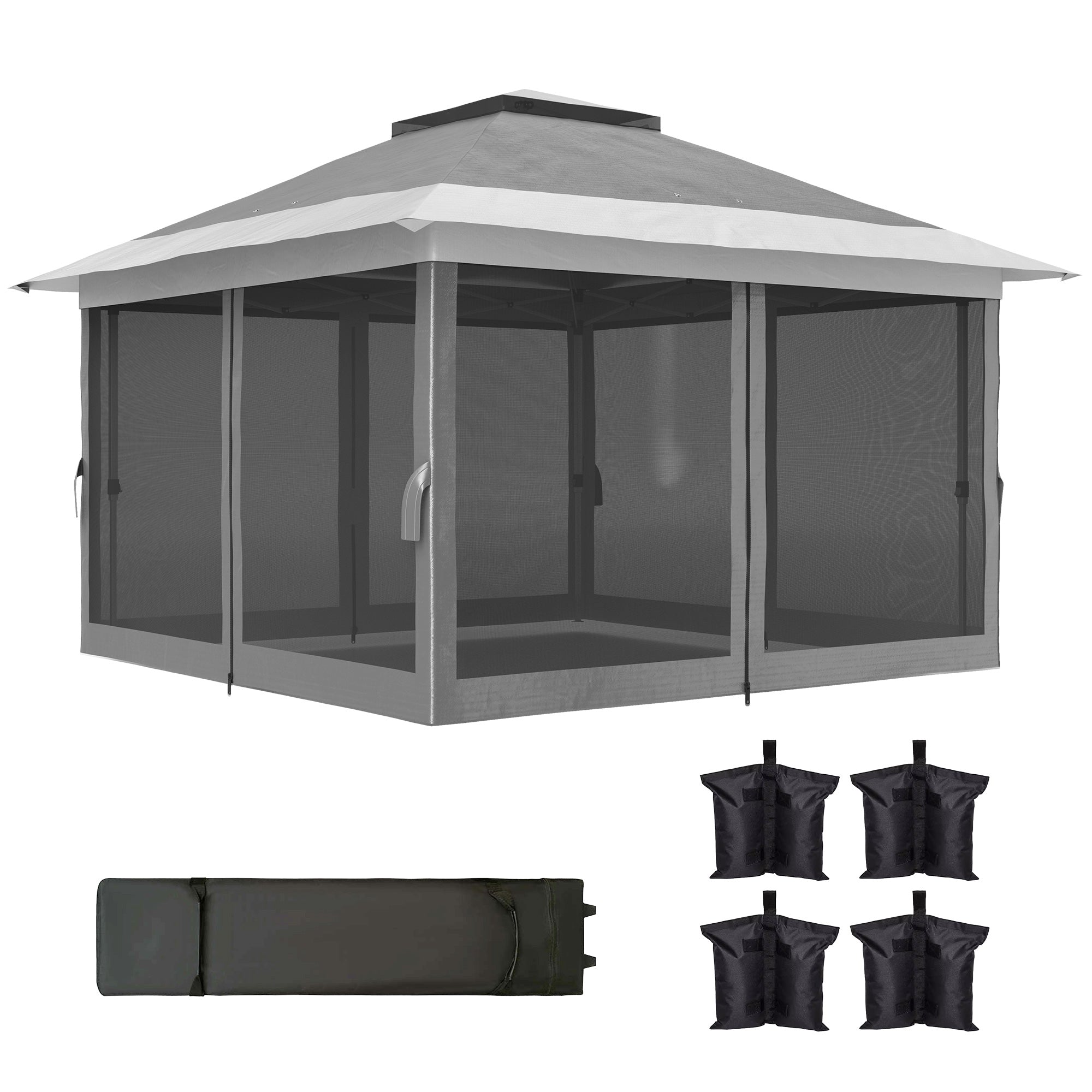 Outsunny 11.7' x 11.7' Pop Up Canopy Tent with Netting, UPF50+ Instant Sun Shelter with Wheeled Carry Bag and Sand Bags 