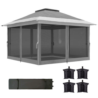 Outsunny 11.7' x 11.7' Pop Up Canopy Tent with Netting, UPF50+ Instant Sun Shelter with Wheeled Carry Bag and Sand Bags 