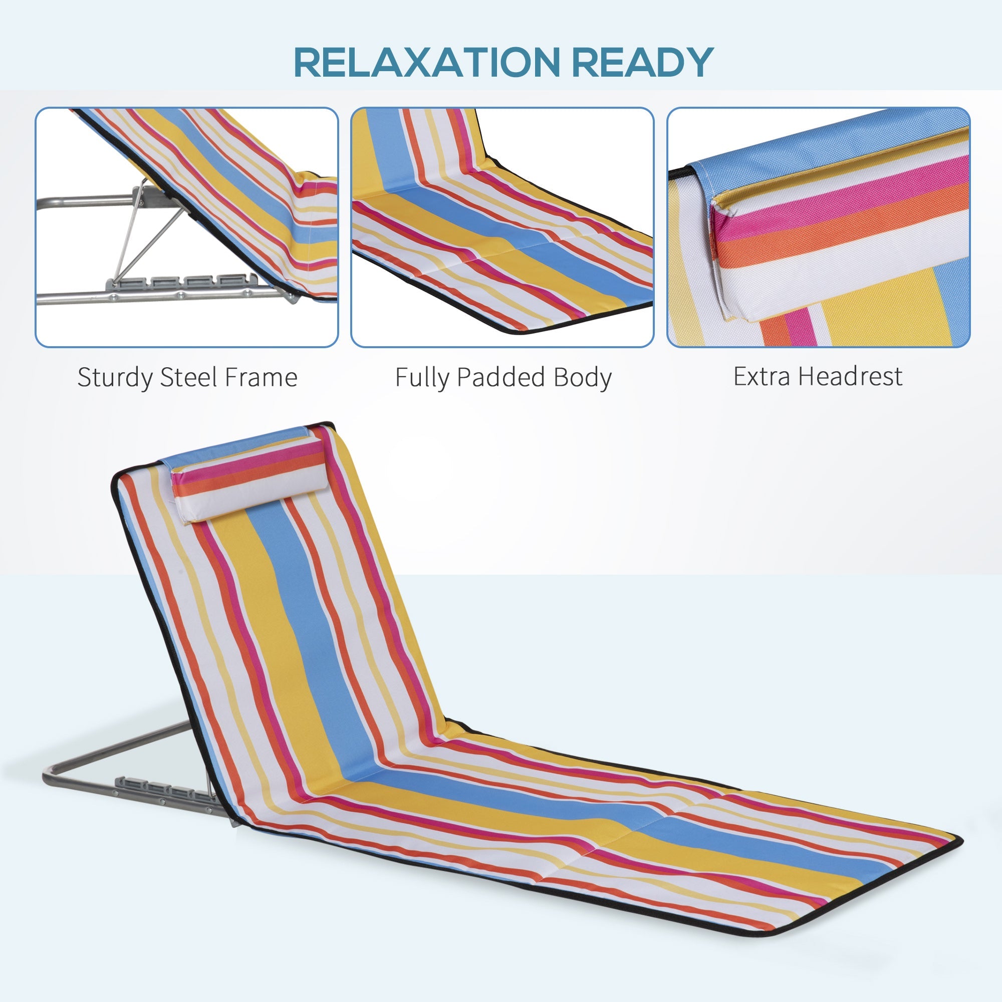 Outsunny Set of 2 Beach Lounge Chair Sun Lounger Beach Mat, Padded Folding Ground Mat Lounge Chair w/Adjustable Back, Steel Frame 