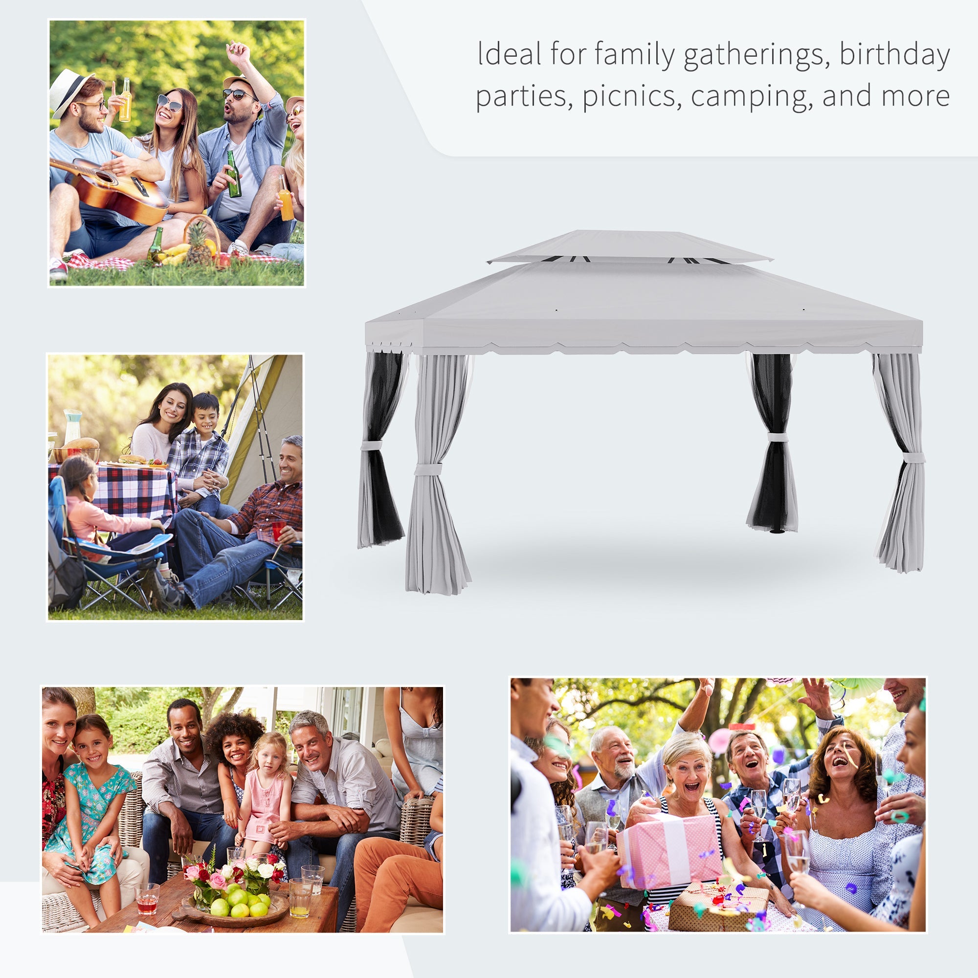 Outsunny 13'x10' Outdoor Patio Gazebo Canopy with 2-Tier Polyester Roof Vented Mesh Sidewall Light Grey 