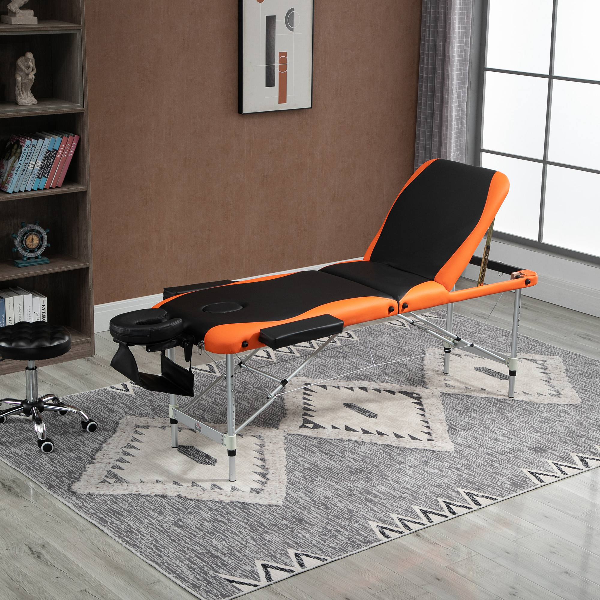 HOMCOM Portable Luxury: 73" 3 Section Foldable Salon Bed, Facial Couch in Black Orange for Spa Therapy Equipment 