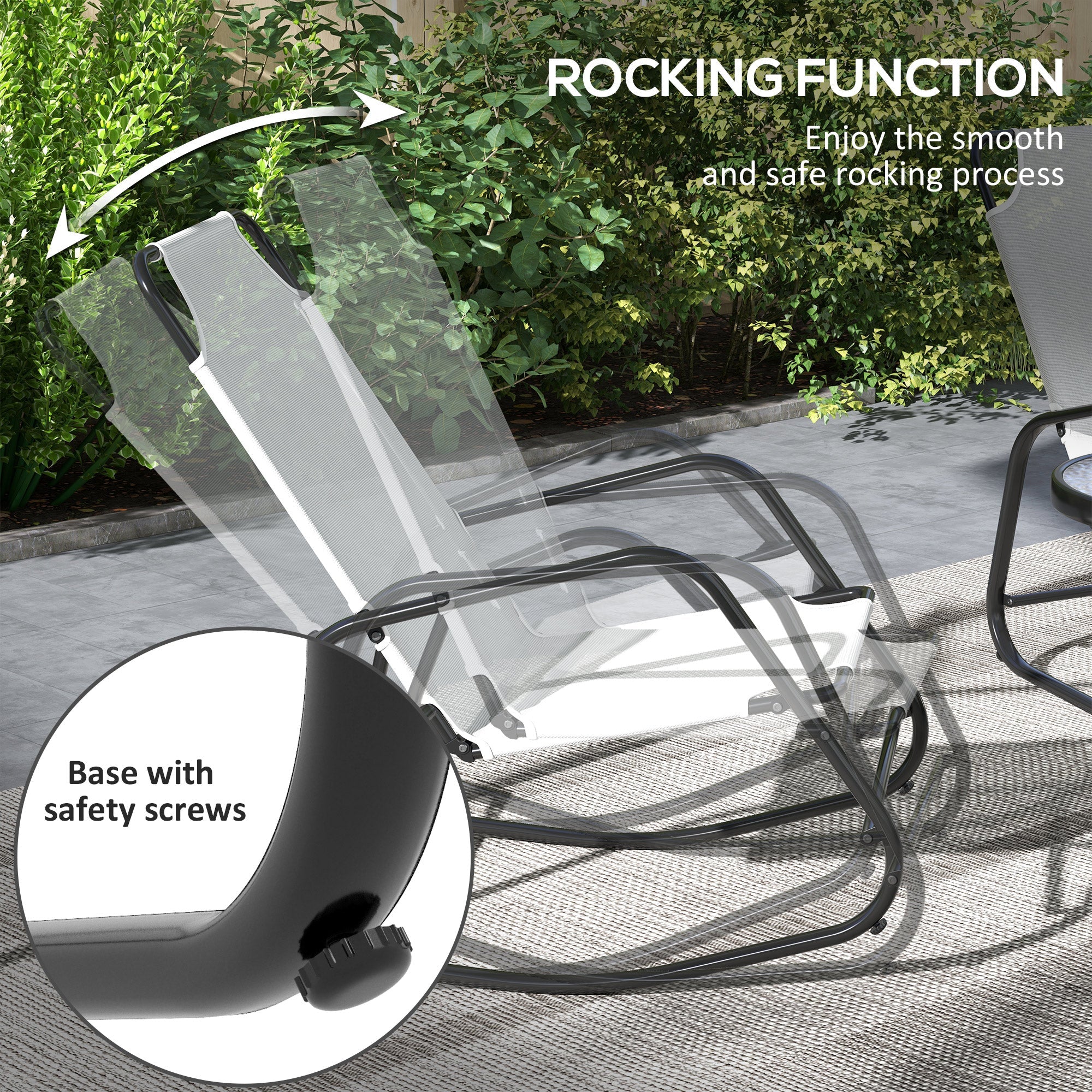 Outsunny Patio Rocking Chairs Set of 2, 3 Pieces Patio Bistro Set with Metal Frmae, Breathable Mesh Fabric Seat for Garden, Deck, White 
