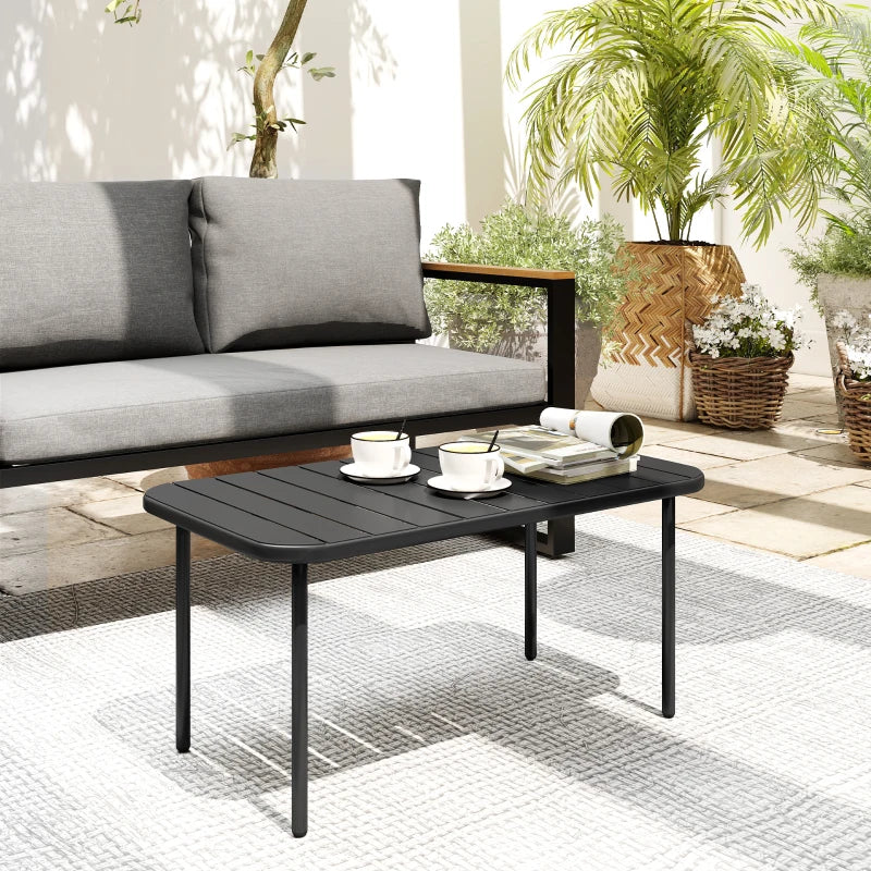 Outdoor Coffee Table, All-Weather Rectangle Metal Patio Coffee Table with Slatted Tabletop for Outside
