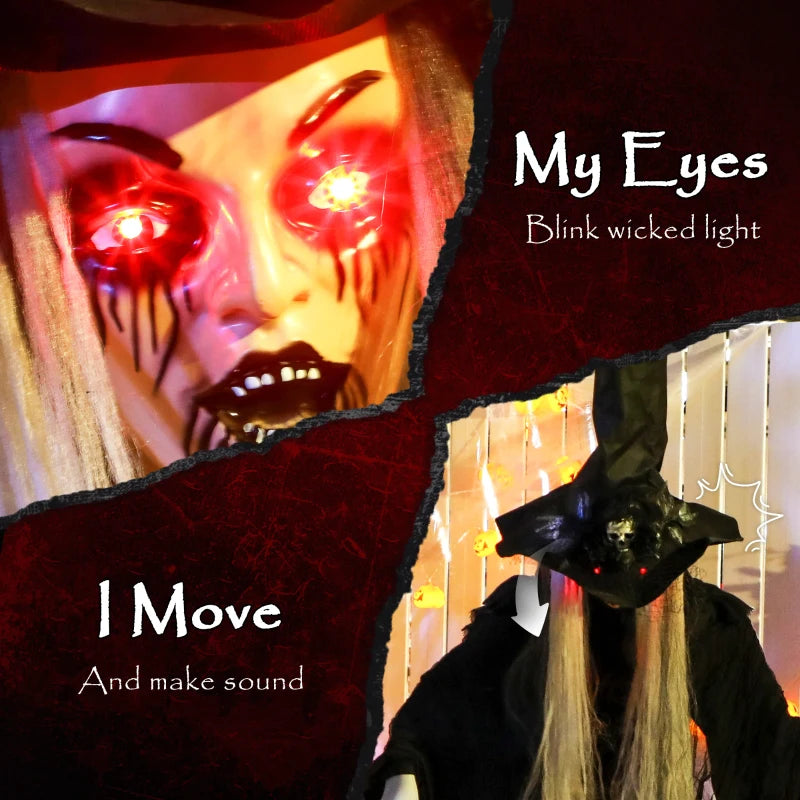Outsunny 5ft Life-Size Animated Standing Witch – Voice & Sound Activated, Moving Head & Flashing Eyes, Indoor Halloween Prop 