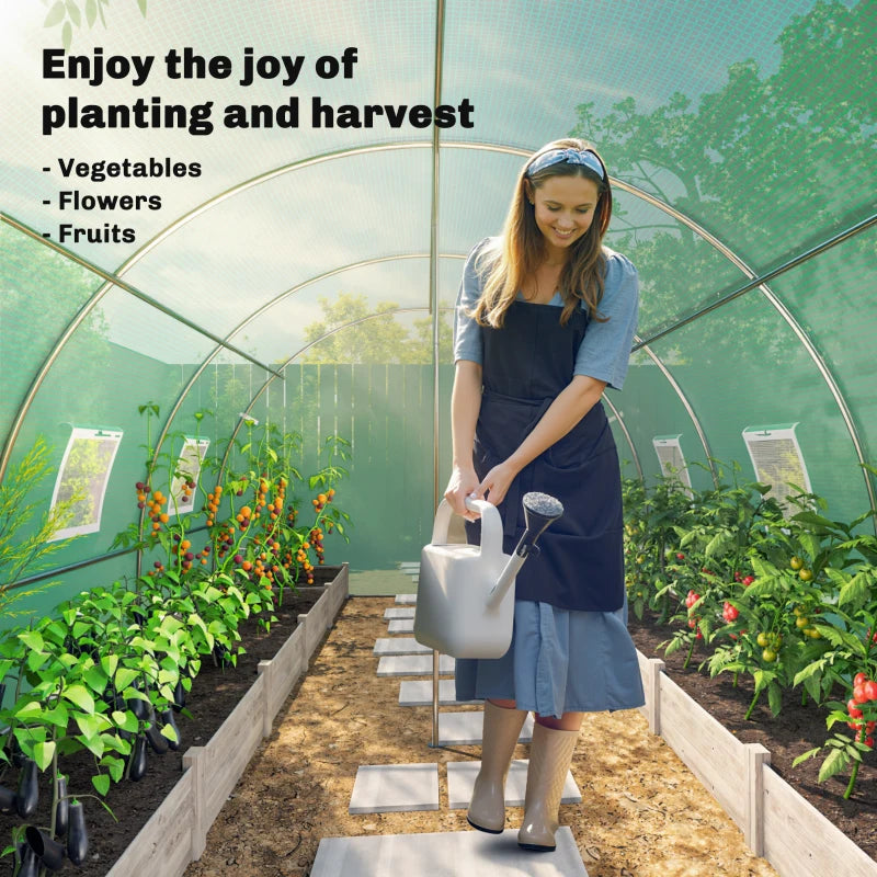 Walk-in Tunnel Greenhouse, Plant Hot House w/ Support Rods, Roll-up Mesh Door, Mesh Windows, 13'x9.8'x6.6', Green