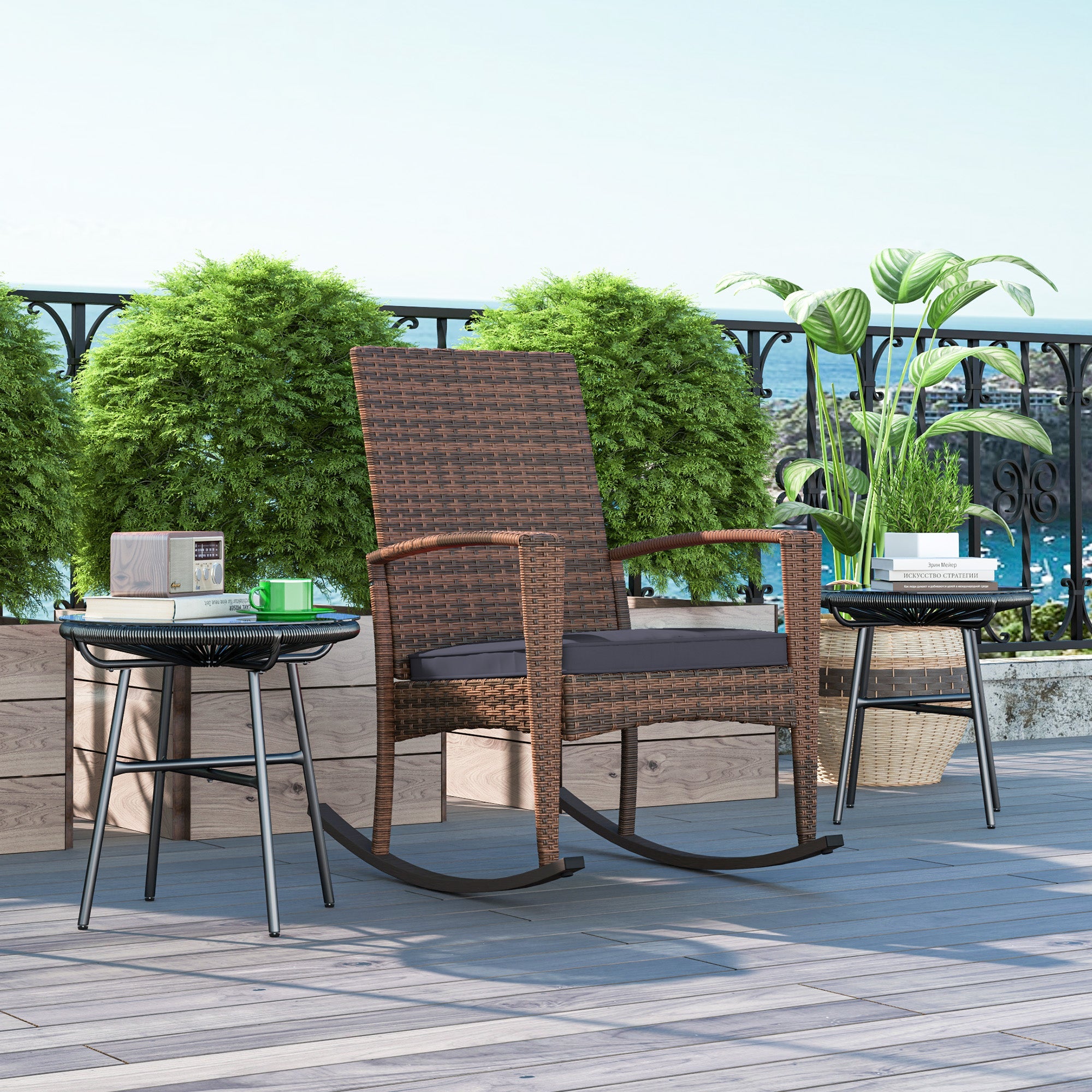 Outsunny Outdoor PE Rattan Rocking Chair, Garden Glider Rocking Chair, Wicker Patio Chair Set with Armrest and Cushion, Dark Blue 