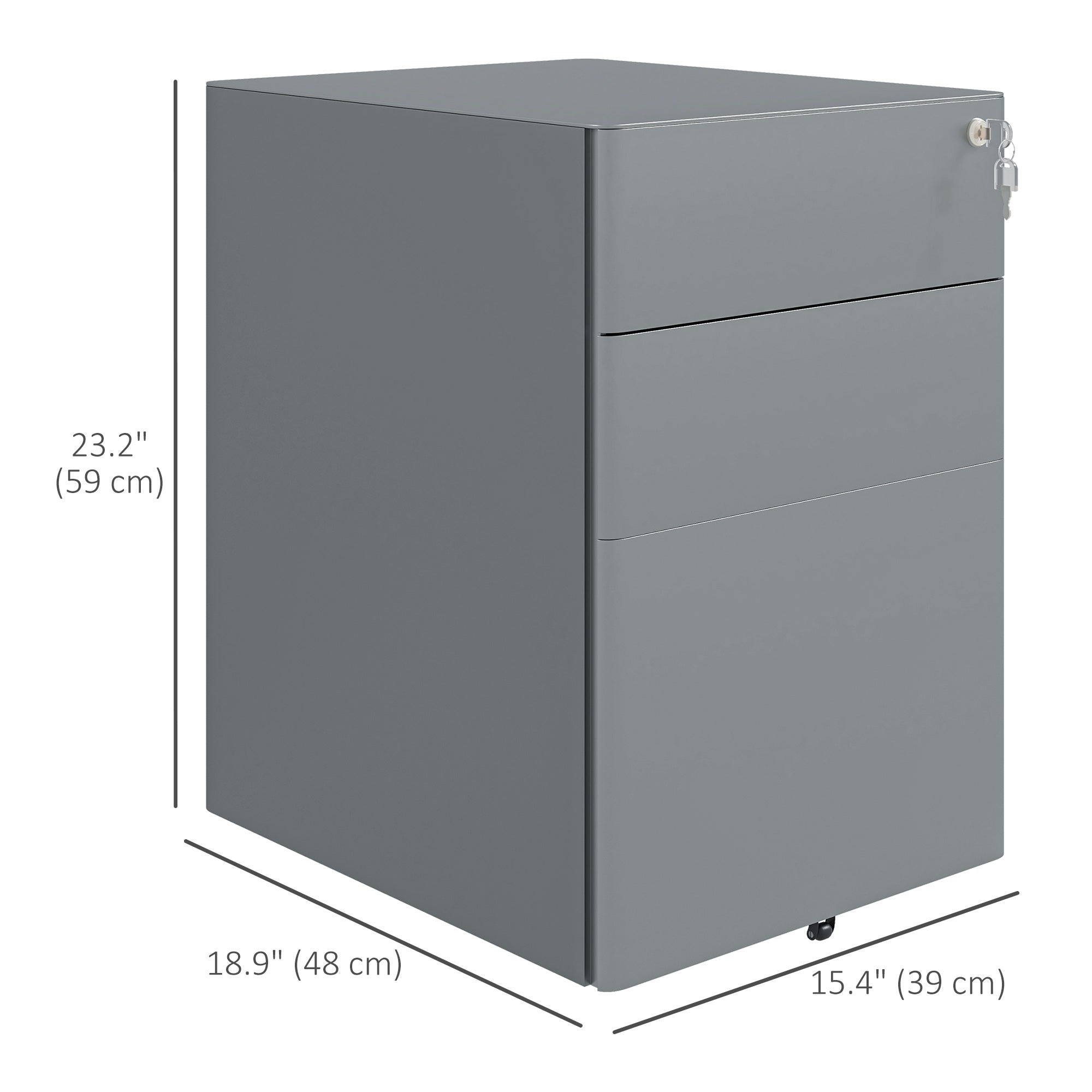 Vinsetto Filing Cabinet 3 Drawers Steel Home Office Storage Wheels Lock A4 Letters Legal-sized Files Grey Metal 