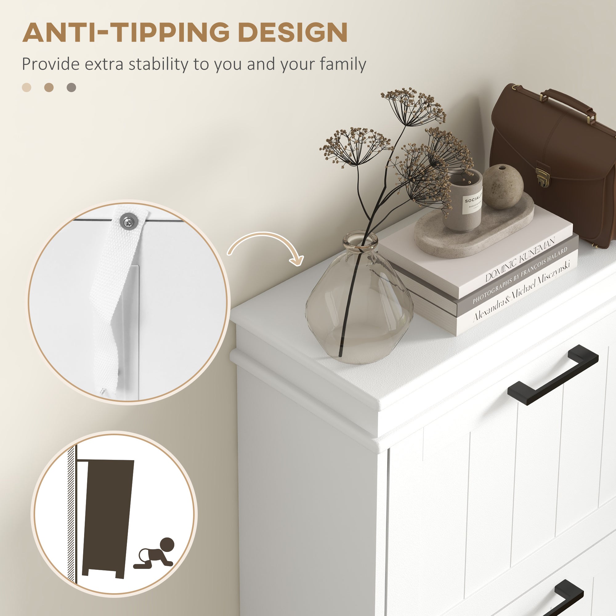 HOMCOM Narrow Shoe Cabinet: White Storage with 3 Flip Drawers & Adjustable Shelves for 15 Pairs, Sleek Look 
