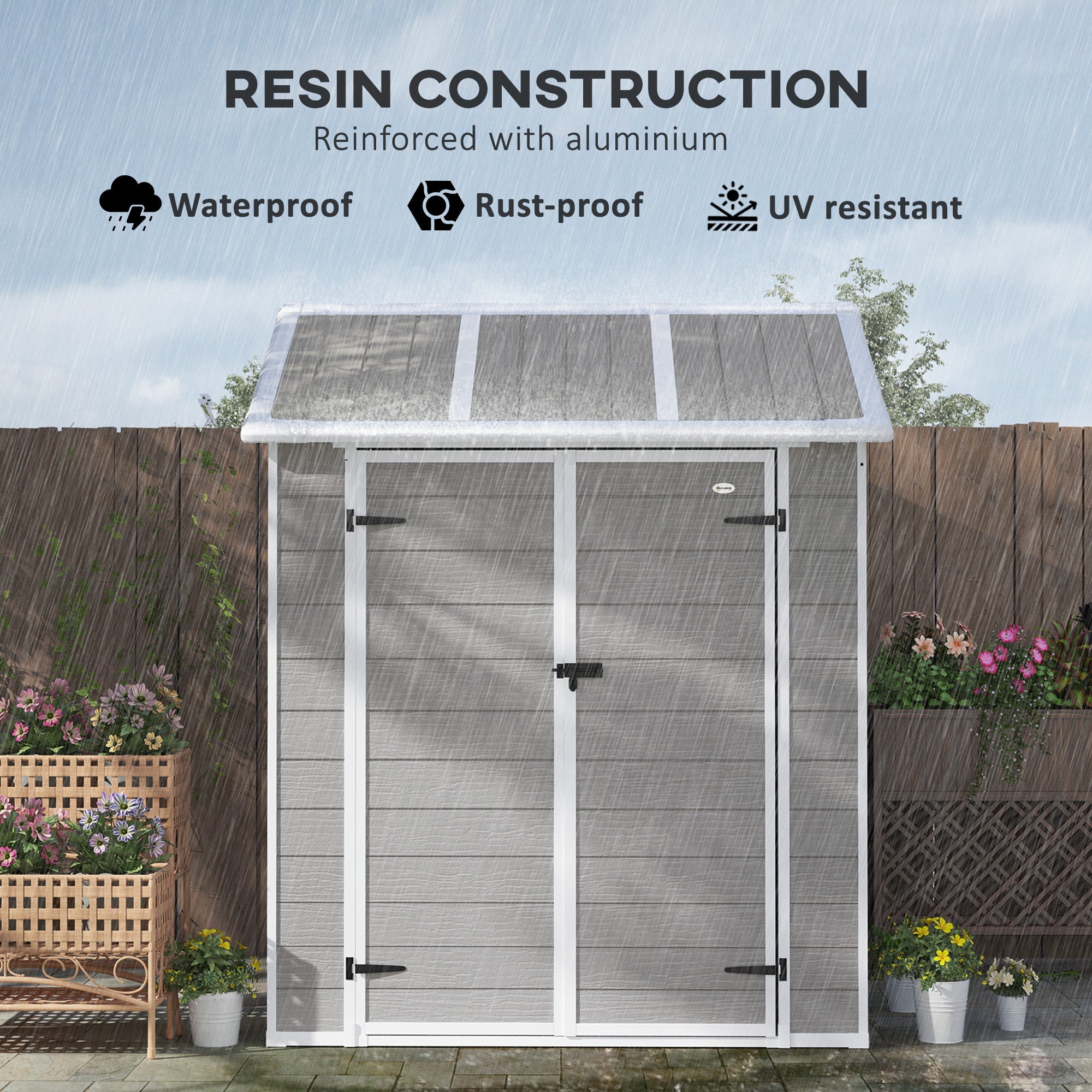 Outsunny 6' x 6' Resin Outdoor Storage Shed with Floor, Window, Lockable Doors and Vents for Backyard Patio Lawn, Grey 