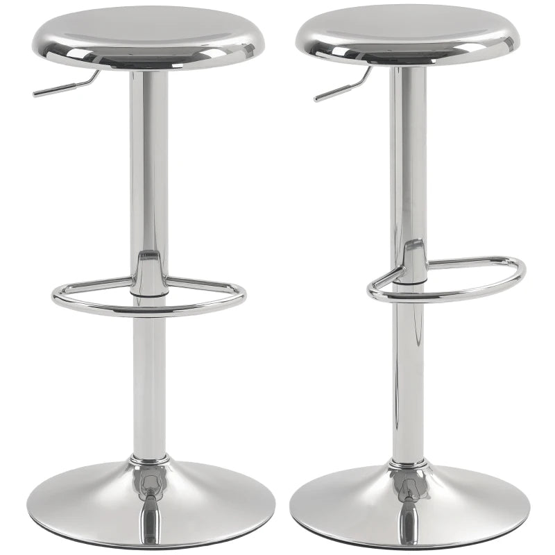 Steel Bar Stools Set of 2, Adjustable Counter Height Round Breakfast Barstools, Industrial Swivel Bar Chairs, Silver