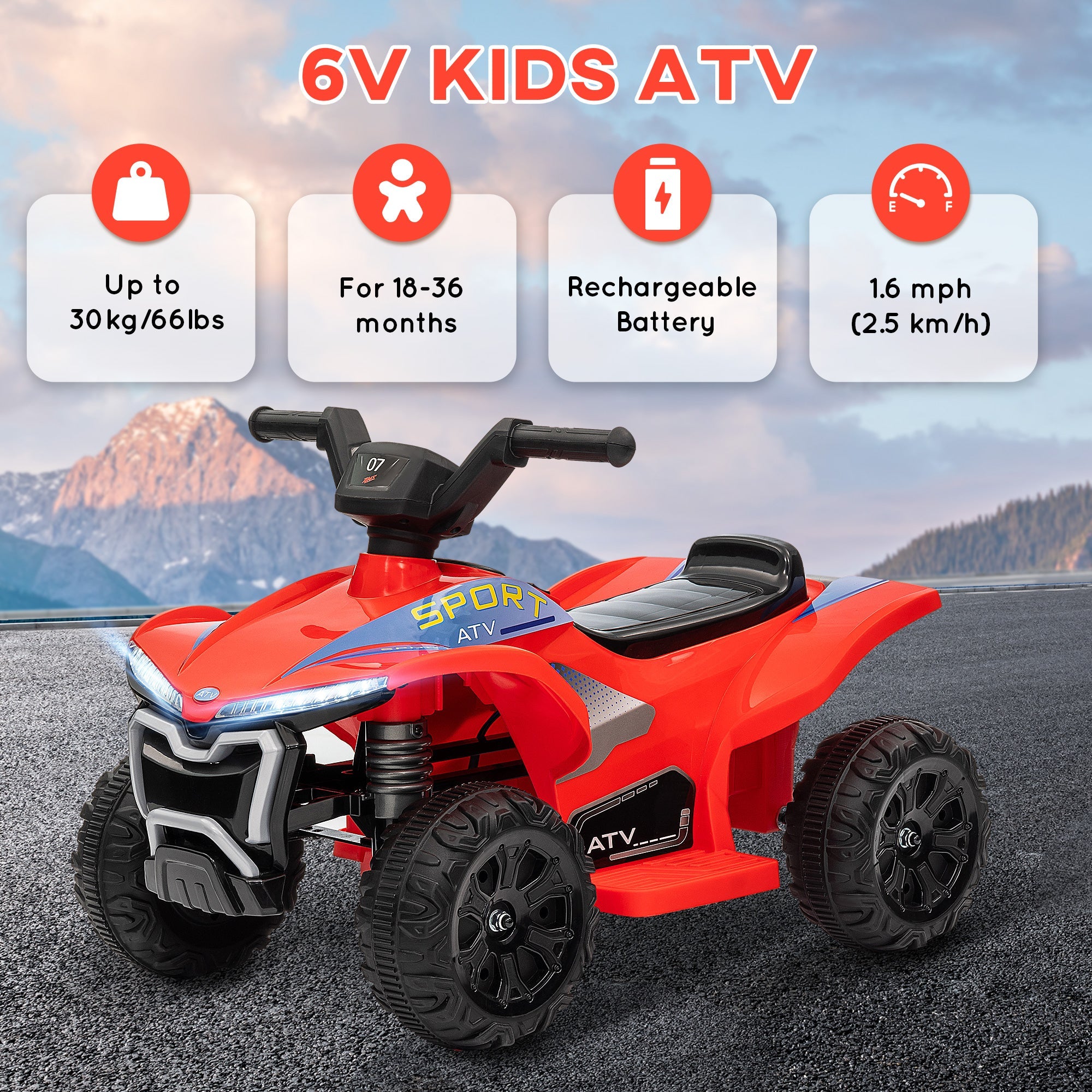 Qaba Kids ATV, 6V Battery Powered Electric Vehicle with Headlights, Forward/Reverse Switch for 18-36 Months, Red 