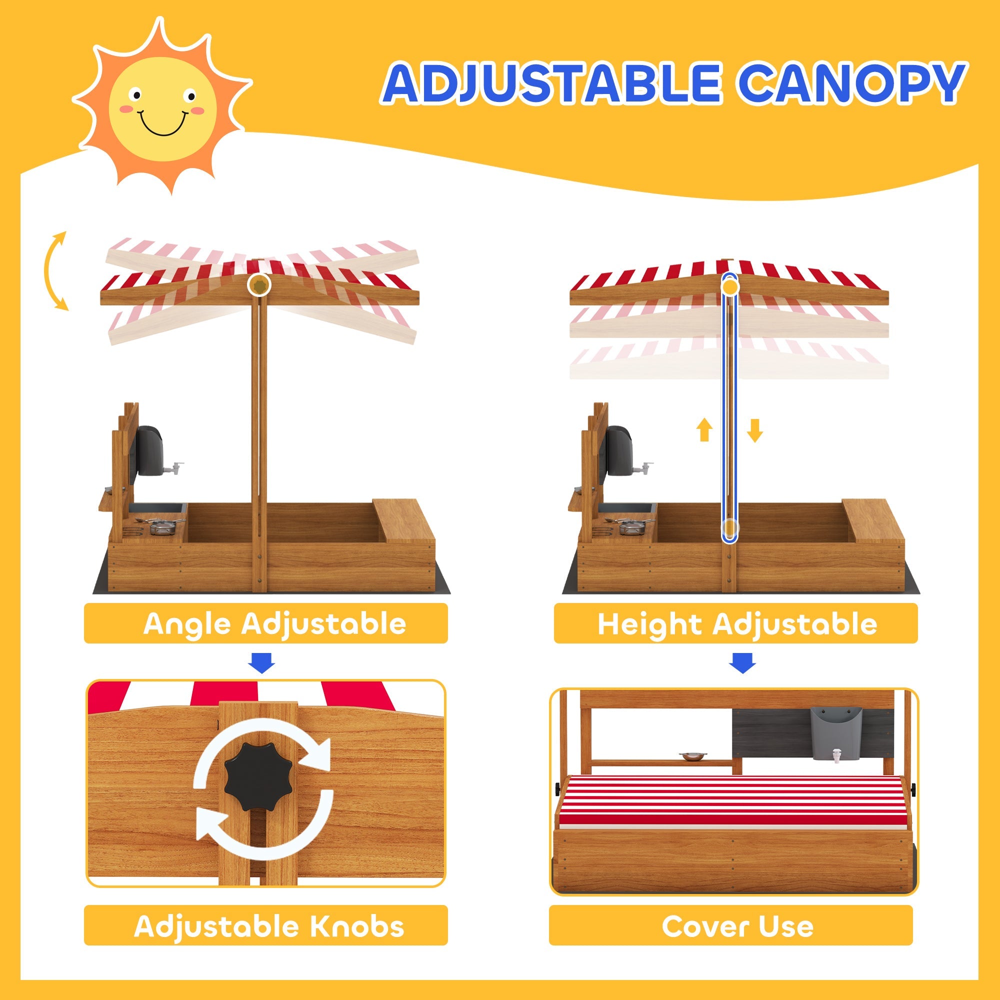 Outsunny Kids Sandbox with Cover Kitchen Playset Toys, Wooden Sand Box with Seat, Storage, for 3-7 Years Old, Red 